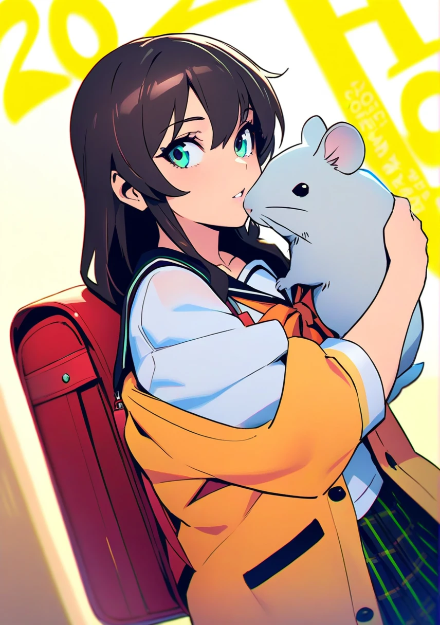 natsuiro_matsuri_1st_costume,backpack, holding, looking to the side, parted lips, solo,long sleeves, neckerchief, sailor collar, school uniform, serafuku, shirt, skirt, uniform,2020, blurry, happy new year, mouse, new year, pillow, year of the rat,
masterpiece,best quality,absurdres,jima,ilya kuvshinov,minakami \(flyingman555\),