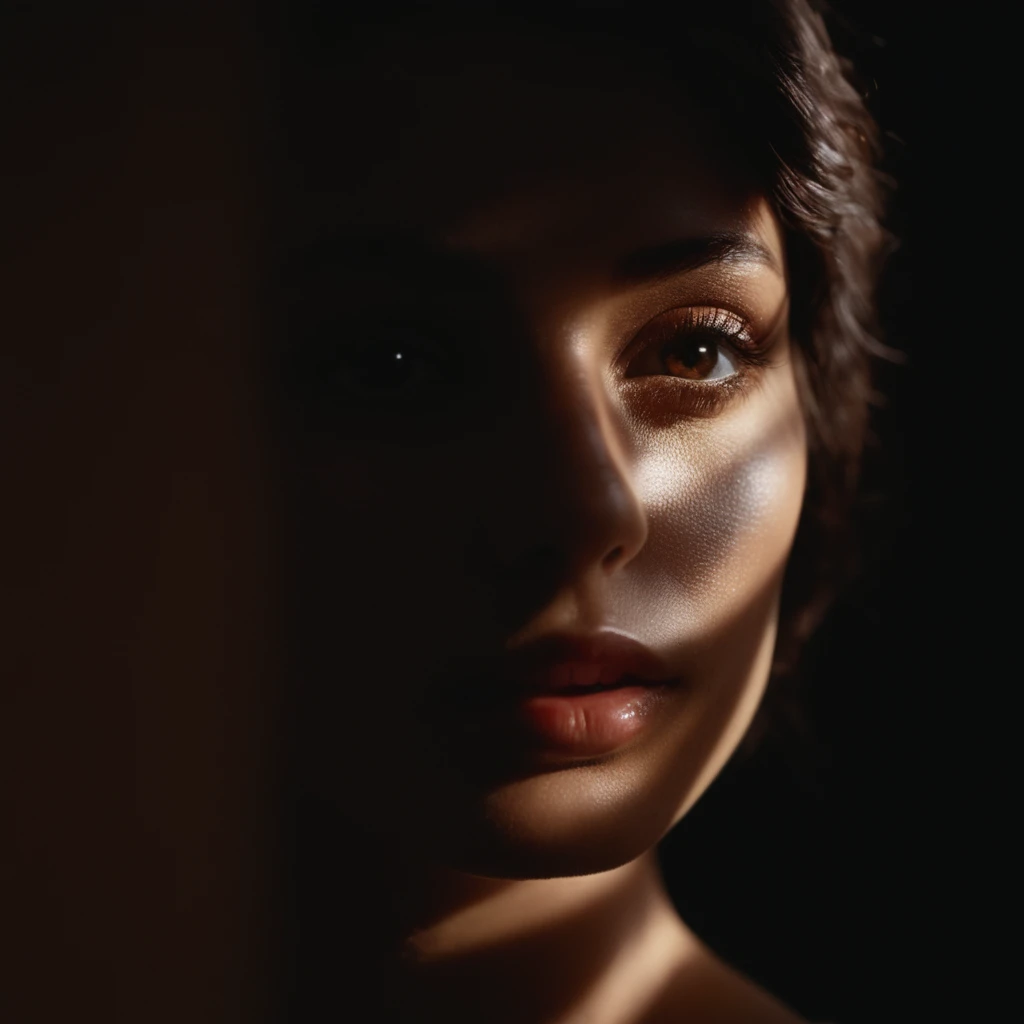 cinematic film still of <lora:casting shadow style v2:1>
A cucoloris patterned illumination casting a unique custom shape diagonal shadow on a woman with a dark background and a light coming through her eyes,1girl,solo,short hair,black hair,brown eyes,dark skin,dark-skinned female,lips,shadow,realistic,nose,light,dark,shade,cinematic,film,filmic,casting shadow,venetian blinds casting shadow light,shadow on face,face partially covered in shadow,different shadow,window casting shadow light,cinematography,detailed,detailed background,detailed face,high quality,8k,cuculoris,kookaloris,cookaloris or cucalorus,light modifier,different light pattern,creative light,unique shadow , casting shadow style, shallow depth of field, vignette, highly detailed, high budget, bokeh, cinemascope, moody, epic, gorgeous, film grain, grainy