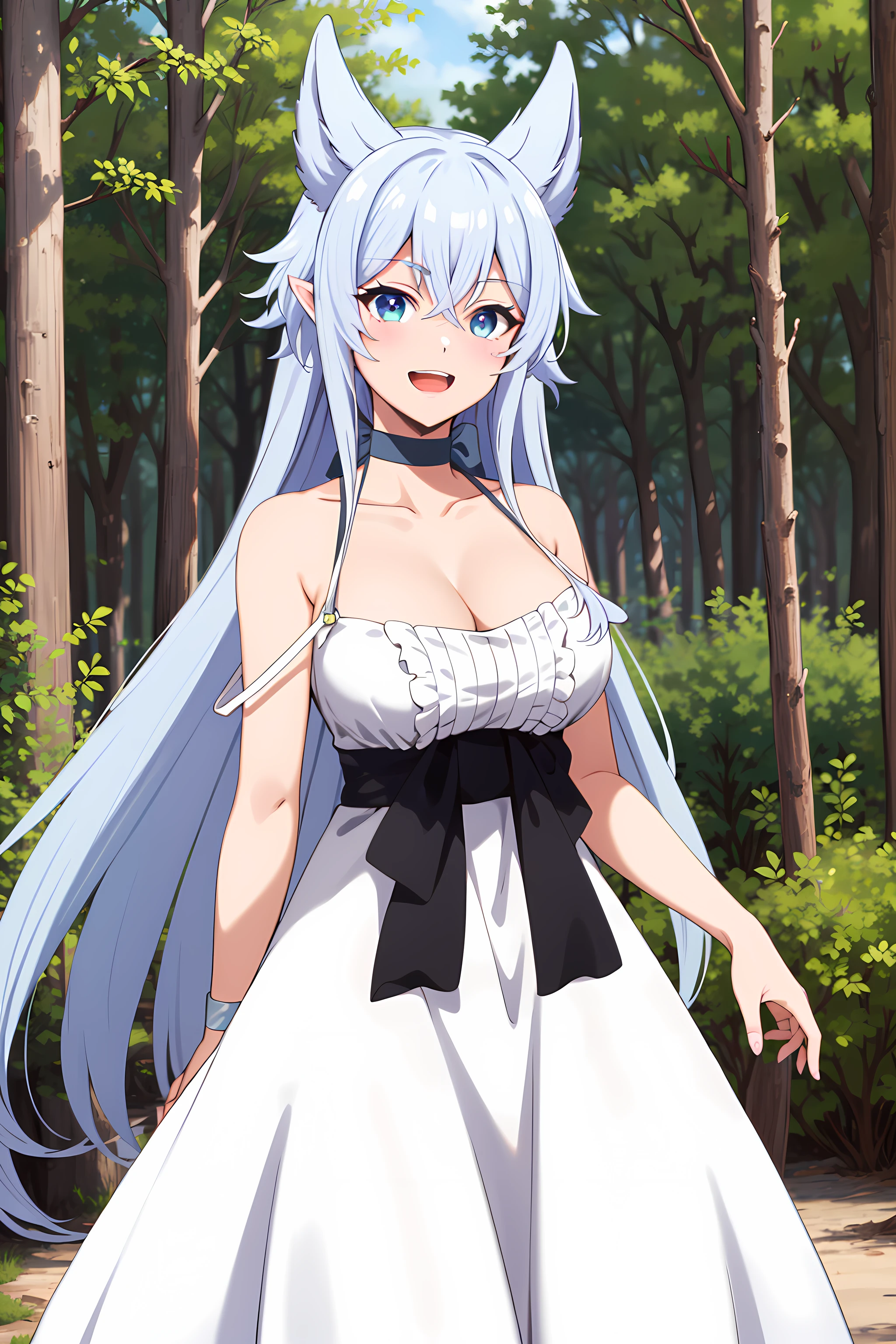 best quality, masterpiece, detailed,
<lora:Lv2karaCheat_Fenrys:0.8>, FenrysLv2,
1girl, smile, open mouth,
grey hair, very long hair, blue eyes, wolf ears, pointy ears,
choker, white dress, bare shoulders, black ribbon, cleavage, strap slip,
looking at viewer, (facing viewer:1.2),
outdoors, forest