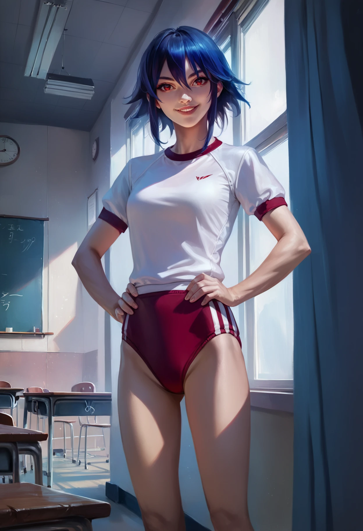 score_9, score_8_up, score_7_up, rating_safe, concept art, digital art, realistic,
1girl, kaganoai, blue hair, short hair, (sidelocks:1.3), red eyes,
gym uniform, white shirt, buruma,
smile, hands on hips, standing, solo, looking at viewer, indoors, classroom background <lora:KaganoAiXL:1>  <lora:Concept Art Ultimatum Style LoRA_Pony XL v6:1>