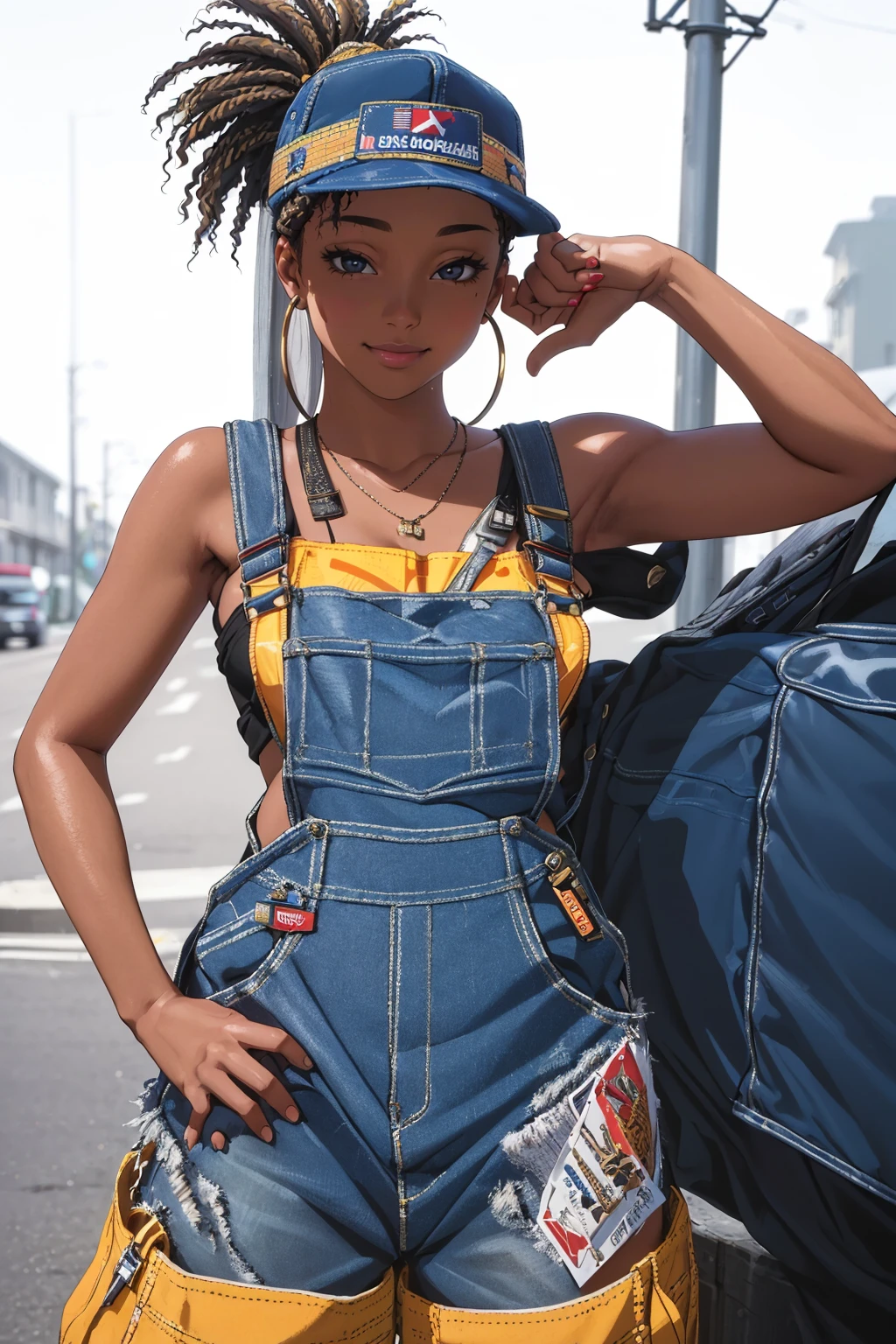 ((Masterpiece, best quality, edgQuality)),smile,
edg90hh, woman,overalls, posing for a picture ,wearing edg90hh_clothing
 <lora:edg90sHIPHOP:1>