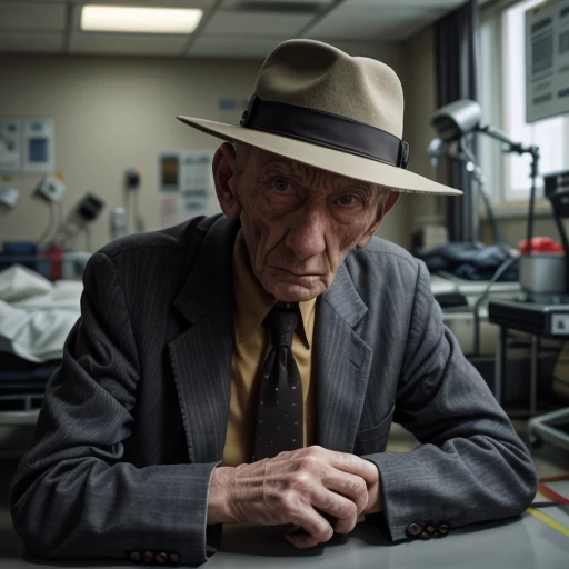 agent-sonny lying down, on the ground in a  hospital corridor,
necktie,  hat, suit, 

best quality, masterpiece,