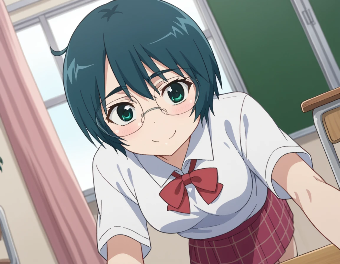 score_9, score_8_up, score_7_up, source_anime,
miharumikuni, <lora:miharu-mikuni-ova-ponyxl-lora-nochekaiser:1>,
miharu mikuni, short hair, green eyes, glasses, blue hair,
skirt, shirt, school uniform, white shirt, socks, plaid, kneehighs, plaid skirt,
indoors, classroom, bent over, smile,
looking at viewer, dutch angle, cowboy shot,