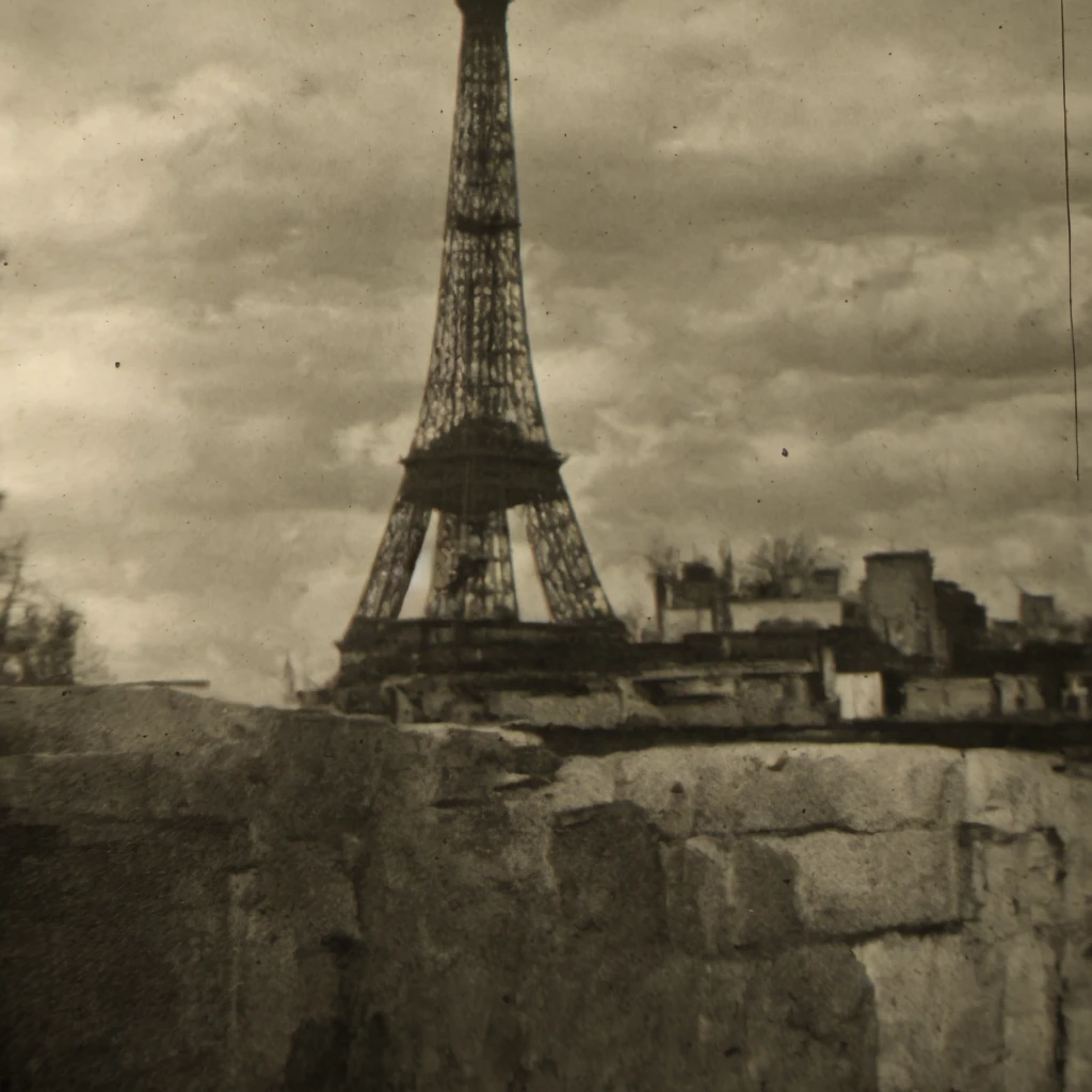 ((1947-Paris-France)), Create a black and white image capturing the essence of Paris, France, in 1947, with the Eiffel Tower as the central focus. The image should embody the nostalgic and romantic atmosphere of post-war Paris, accentuating the timeless elegance of the Eiffel Tower as it dominates the city's skyline. Include rich details of the surrounding architecture and cobblestone streets leading to the tower, to anchor the scene firmly in its historical context. Utilize light and shadow to mimic the vintage photography style prevalent in the mid-20th century, devoid of any modern elements. This composition should transport the viewer to 1947, immersing them in the history and charm of Paris during that enchanting era.    <lora:1947-Paris-France-SD2.1-512-LoRA1:1>