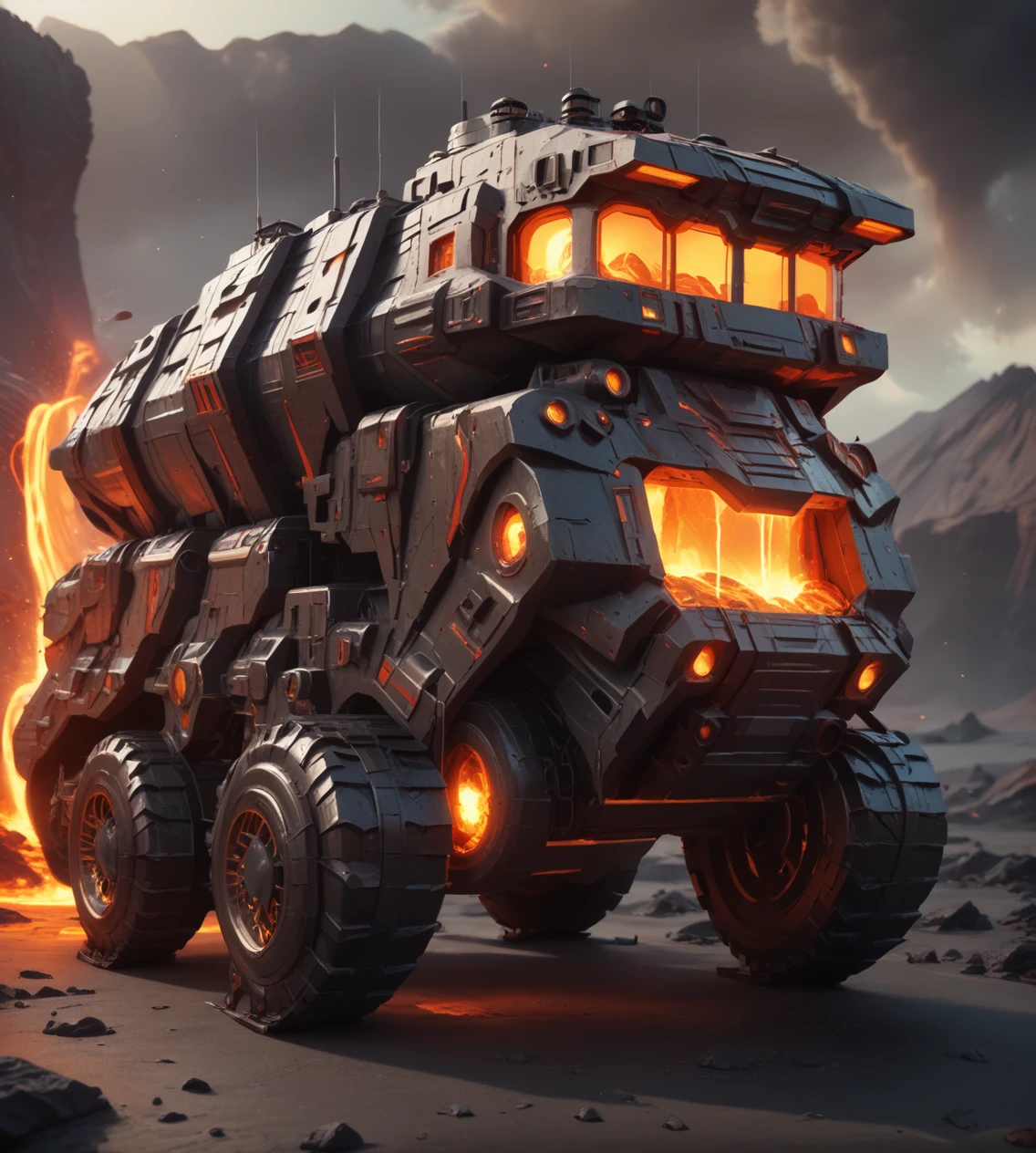 score_9,score_8_up,score_7_up,score_6_up,source anime BREAK,
no humans, vehicle, military vehicle, cannon, cyberpunk, science fiction, futuristic,
magma, lava, glowing, molten rock,
<lora:magma_12_lbw_2:1.8>