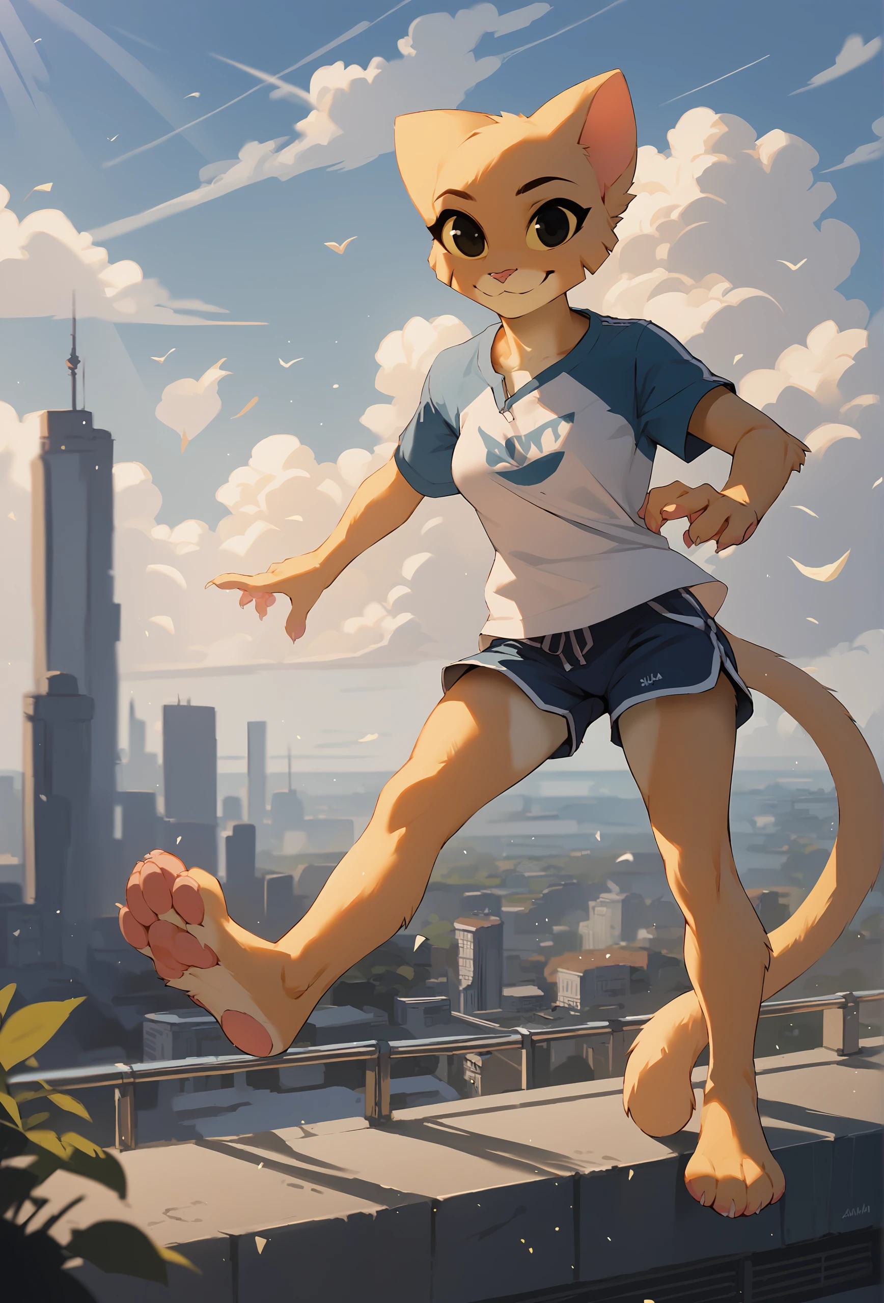 score_9, score_8_up, score_7_up, score_6_up, score_5_up, score_4_up, outdoors, blue sky, cloud, crepuscular rays, wind, depth of field, city, <lora:Anime Summer Days 2 Style SDXL_LoRA_Pony Diffusion V6 XL:0.16> BREAK
 <lora:katia_managan_ponyXL_v1.2:1> 1girl, katia managan, furry, cat girl, black eyes, solid circle pupils, t-shirt, shorts, dolphin shorts, smile, looking at viewer, feet, pawpads