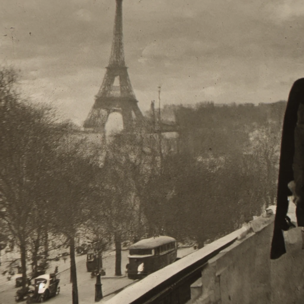 ((1947-Paris-France)), Create a black and white image that captures a vintage streetcar in Paris, France, during the year 1947. The streetcar should be the focal point, moving along a cobblestone street lined with historic Parisian buildings, each exhibiting the architectural charm of the era. Include pedestrians in period-appropriate attire to add a sense of life and authenticity to the scene. The surrounding environment should feature elements typical of Paris in the late 1940s, such as lampposts, vintage cars parked along the side of the street, and perhaps the distant silhouette of an iconic monument to ground the setting in its specific location. The composition should use light and shadow to create a dramatic and nostalgic atmosphere, evoking the essence of post-war Paris. The image should be detailed enough to allow viewers to feel the texture of the cobblestones, the intricate design of the streetcar, and the bustling life of the city during this historical period, all while maintaining a sense of timeless elegance. <lora:1947-Paris-France-SD2.1-512-LoRA1:1>