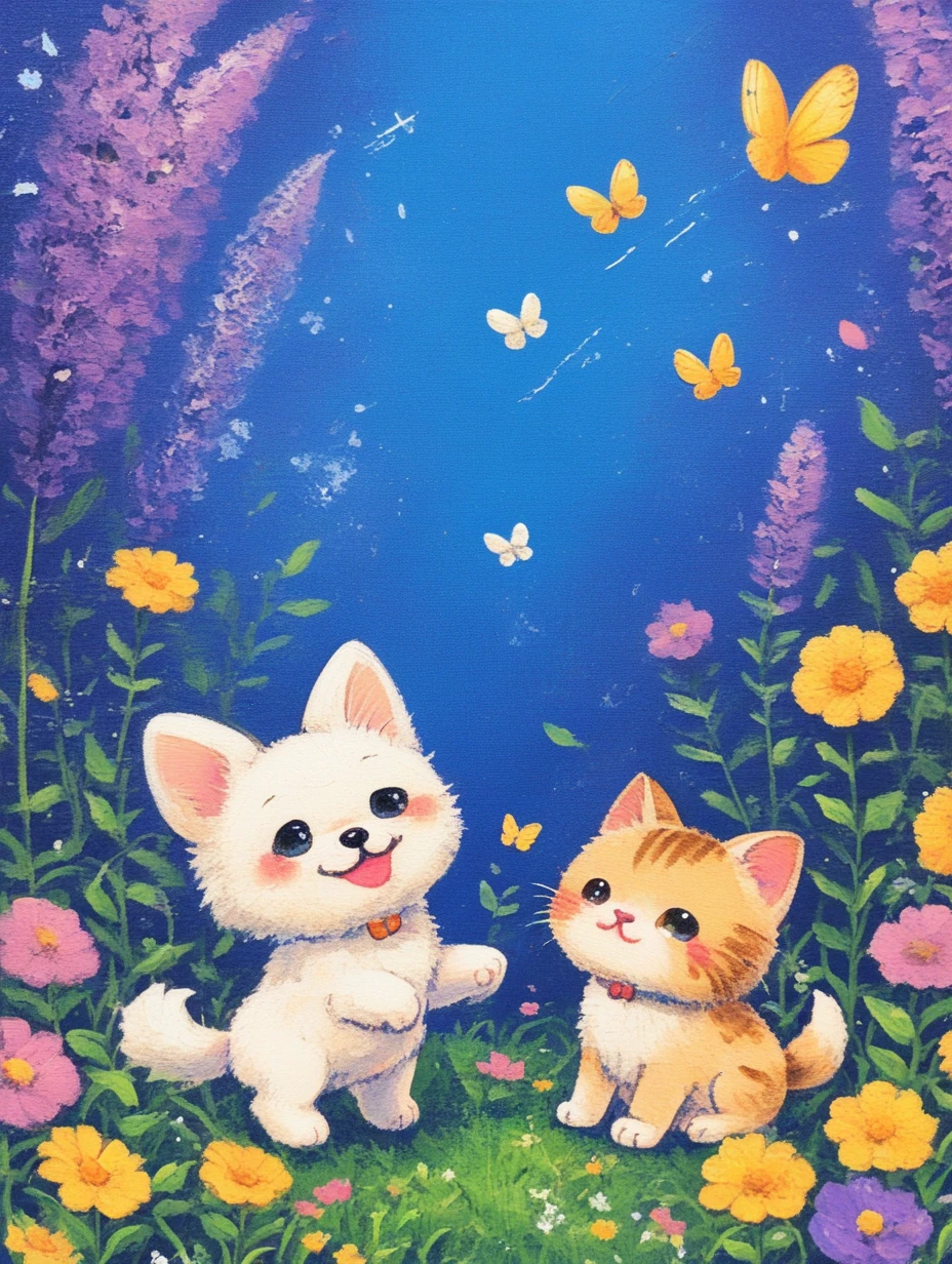 A puppy and a kitten are catching butterflies in the garden,<lora:J_oil_pastels:0.8>,j_fantasy,