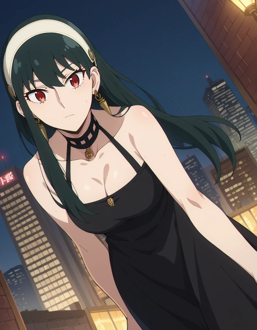 score_9, score_8_up, score_7_up, source_anime,
yorbriar, <lora:yor-briar-s1-ponyxl-lora-nochekaiser:1>,
yor briar, black hair, red eyes, earrings, white hairband, hairband, long hair, sidelocks,
dress, cleavage, bare shoulders, jewelry, collarbone, sleeveless, black dress, halterneck, headband, white headband,
outdoors, cityscape, bent over, night,
looking at viewer, dutch angle, cowboy shot,