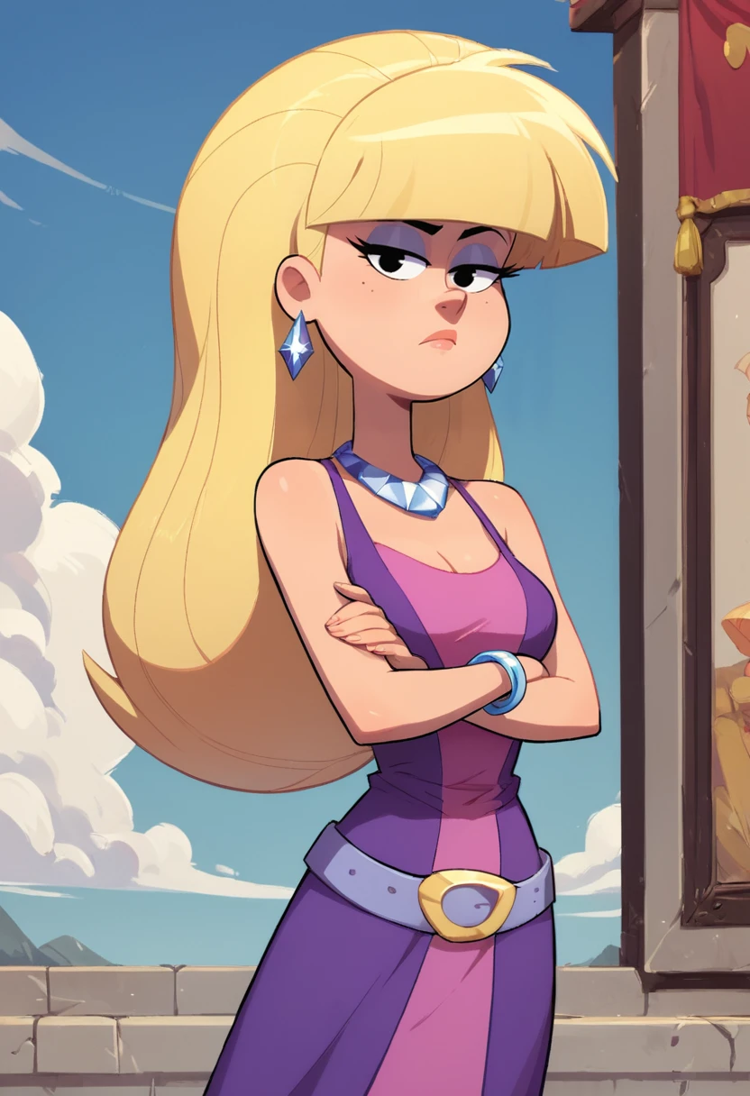 masterpiece,best quality, highly detailed, score_9, score_8_up, score_7_up, score_6_up,<lora:xl_more_art-full_v1:0.8>,
BREAK
<lora:pacificaXL:0.8>pacifica,1girl, blonde hair, long hair, jewelry, solo, crossed arms, bracelet, earrings, belt, dress, parody