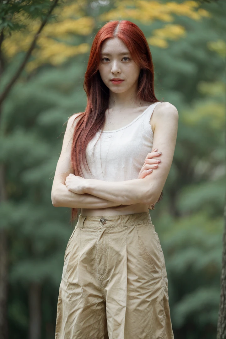 1girl, solo, red hair, (upper body), ((looking at viewer)), detailed face, detailed eyes and pupils, Culottes, tucked in knitted sweater, A forest park during the peak of autumn, with trees adorned in a tapestry of vibrant reds, oranges, and yellows. The fleeting nature of the season adds a touch of melancholy and appreciation for the transient beauty of life, blurry background, hand and arms behind back, <lora:yunalorashyv1_6:1>