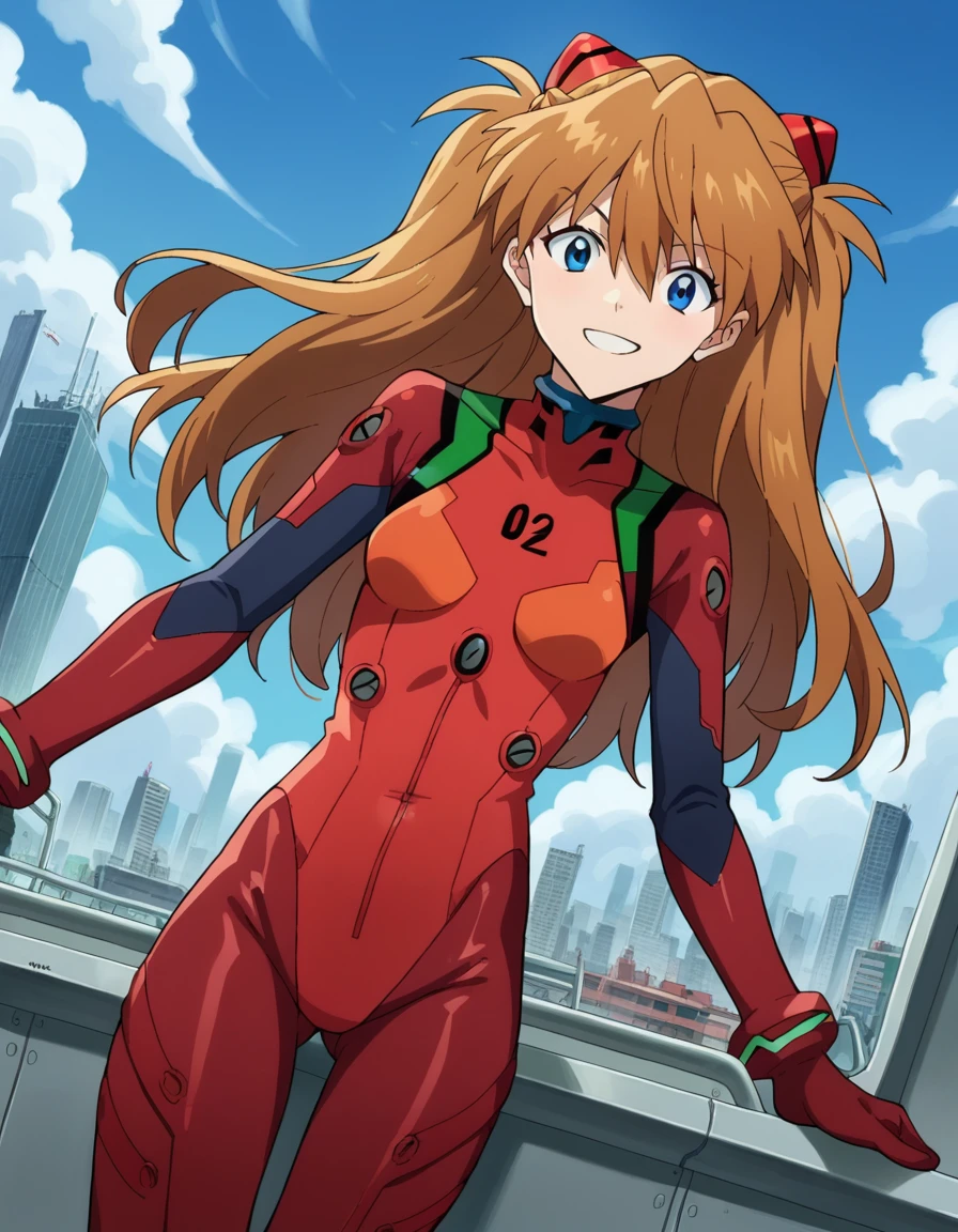 score_9, score_8_up, score_7_up, source_anime,
asukalangley, <lora:asuka-langley-soryu-rebuild-ponyxl-lora-nochekaiser:1>,
asuka langley soryu, long hair, bangs, blue eyes, brown hair, hair ornament,
bodysuit, pilot suit, plugsuit, red bodysuit, interface headset,
outdoors, cityscape, smile,
looking at viewer, dutch angle, cowboy shot,