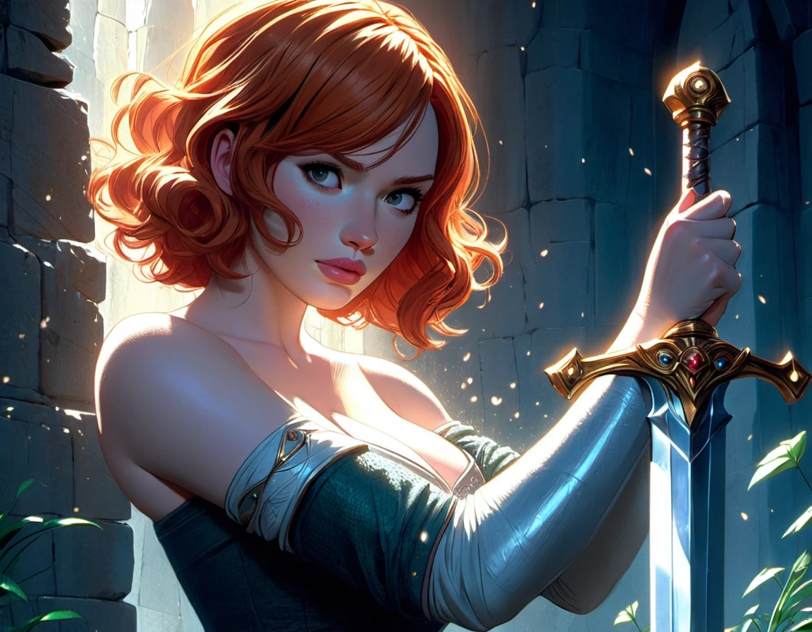 (((masterpiece))) , (((best quality))) , anime style, 2d, well-built charming 1girl, solo, lovely 1girl, SwordInTheStone, beautiful gorgeous Christina Hendricks, gripping onto the hilt of the sword in the stone, she has Shaved sides hair, key visual, 