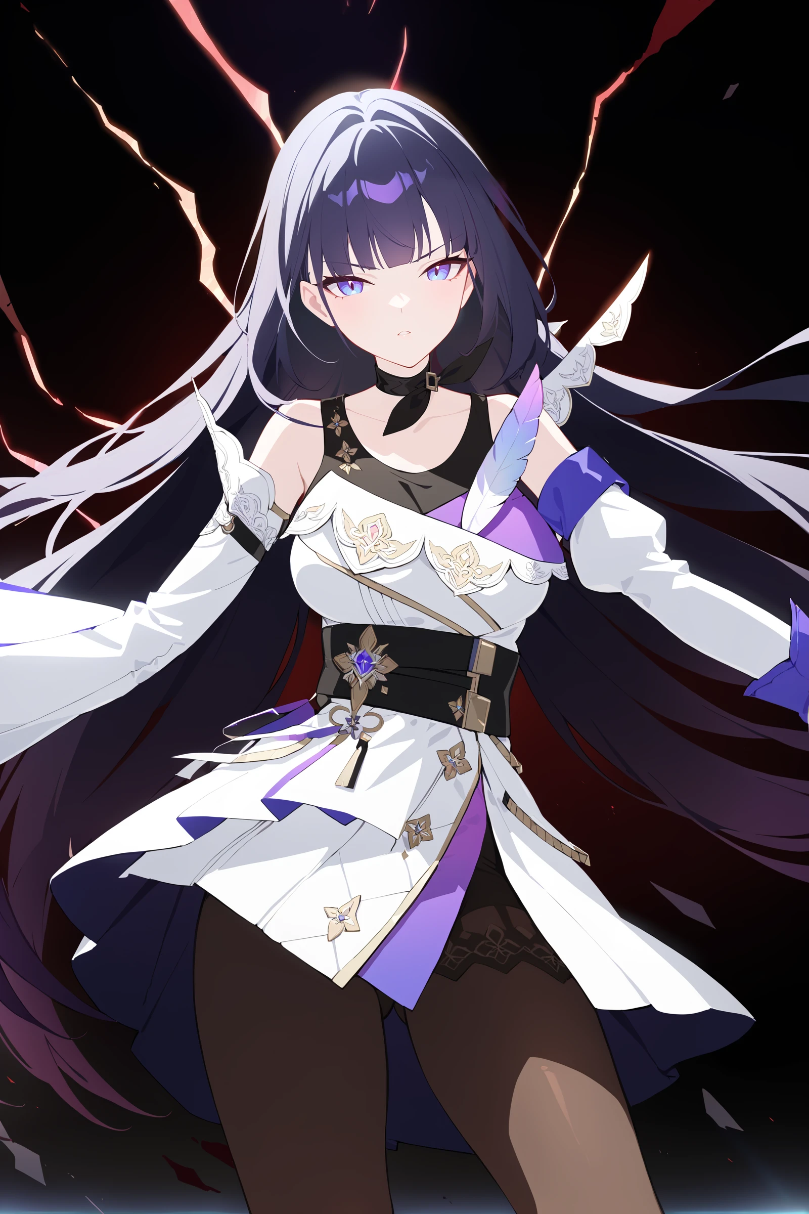 masterpiece, best quality, very aesthetic, ray tracing, newest,(hitenkei, askzy:0.5), 1girl, raiden mei, solo, pantyhose, single glove, layered dress, ribbon choker, tank top, detached sleeves, cowboy shot, blood splatter, red electricity, aura, looking at viewer, floating hair, glaring, midair, fighting stance <lora:Char-Honkai-Raiden_Mei-XL-V1:0.9>