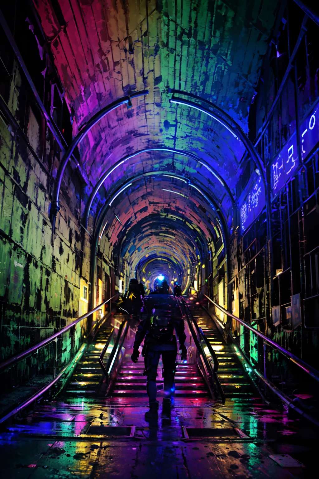 ((masterpiece,best quality)), absurdres,    <lora:Light_Tunnel:1>,  Light Tunnel, solo, stairs, silhouette, colorful, abstract <lora:Scifi_Environment_Concept_Art:0.5>,   1girl, gloves, standing, from behind, helmet,