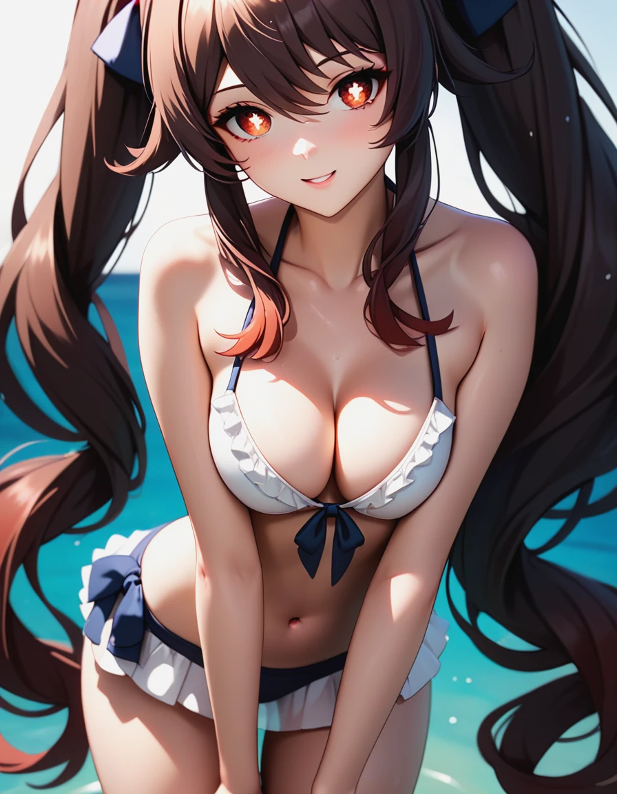 1girl,hu_tao_genshin,ahoge,alternate_breast_size,bare_arms,bikini,bikini_skirt,breasts,brown_eyes,brown_hair,cleavage,collarbone,crossed_bangs,frilled_bikini,frills,hair_between_eyes,hair_ribbon,hand_in_own_hair,long_hair,looking_at_viewer,medium_breasts,navel,ribbon,sidelocks,simple_background,solo,standing,swimsuit,thighs,twintails,very_long_hair,wading,white_background,white_bikini,<lora:hu-tao-genshin-xl:1>,