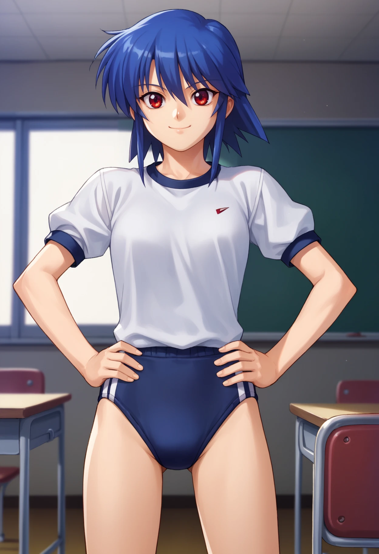 Twintail, red haired, 1girl, (grey eyes1.2), well toned, well built, muscled, toned muscles, (masterpiece), best quality, highres, solo, ribbon, blue ribbon, hair ribbon, suit, skirt, long sleeves, smiling, indoors, classroom background, looking at the viewer, , (showing sweating naked pussy:1.5)、sitting, spread legs, unbuttoned uniform, lingerie, visible bra, lifted skirt, sweating, blushing, aroused, liquid dripping from her vagina, exhaling steamy air, (touching her pussy:1.2), (riding a dick, full pussy penetration:1.2)