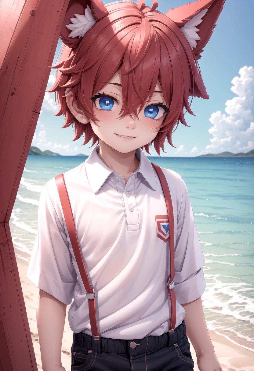 <lora:Aki SD15_epoch_17:0.6>, (1boy:1.3), solo, beach, smile, ( crimson animal ears:1.4), (red ears), male face, male body, more details in eyes, (very short hair:1.2), hair between eyes, cute, adorable boy, cute face, detailed face, handsome, young, juvenile, white skin, eyeshadow, crew cut, crimson hair, details sky, looking at viewer, blush, blue eyes, full shot, red suspenders, (pants), (white polo shirt), aki,petite, (male focus:1.3),(male:1.2),
(masterpiece:1.2), best quality, high resolution, unity 8k wallpaper, (illustration:0.8), (beautiful detailed eyes:1.6), extremely detailed face, perfect lighting, extremely detailed CG, (perfect anatomy),