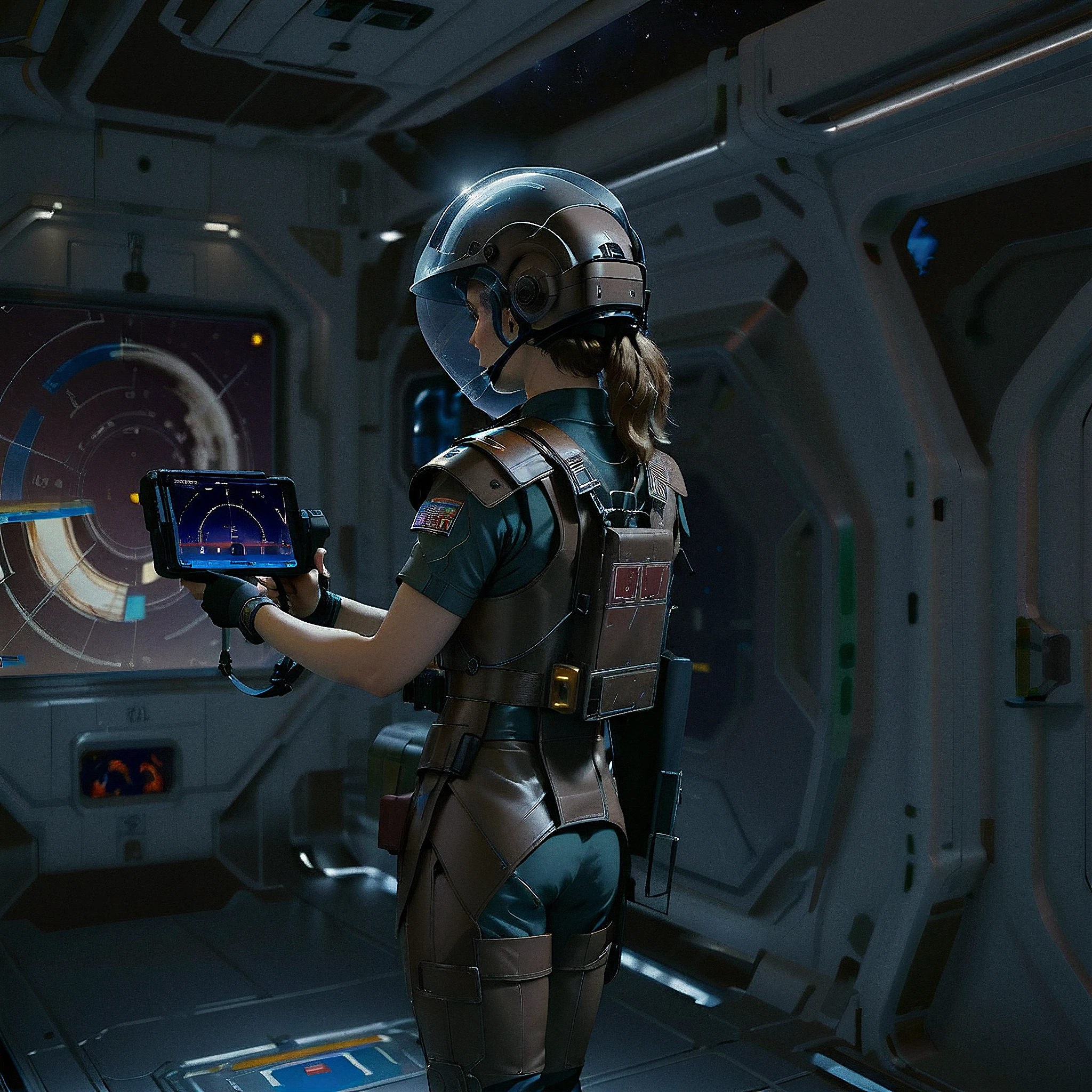 a woman holding out a m314mtn with a small screen in one hand, holding_tracker, holding, space station, science fiction, third_person, over_shoulder, from behind, armor, helmet, uniform, trackerscreen,