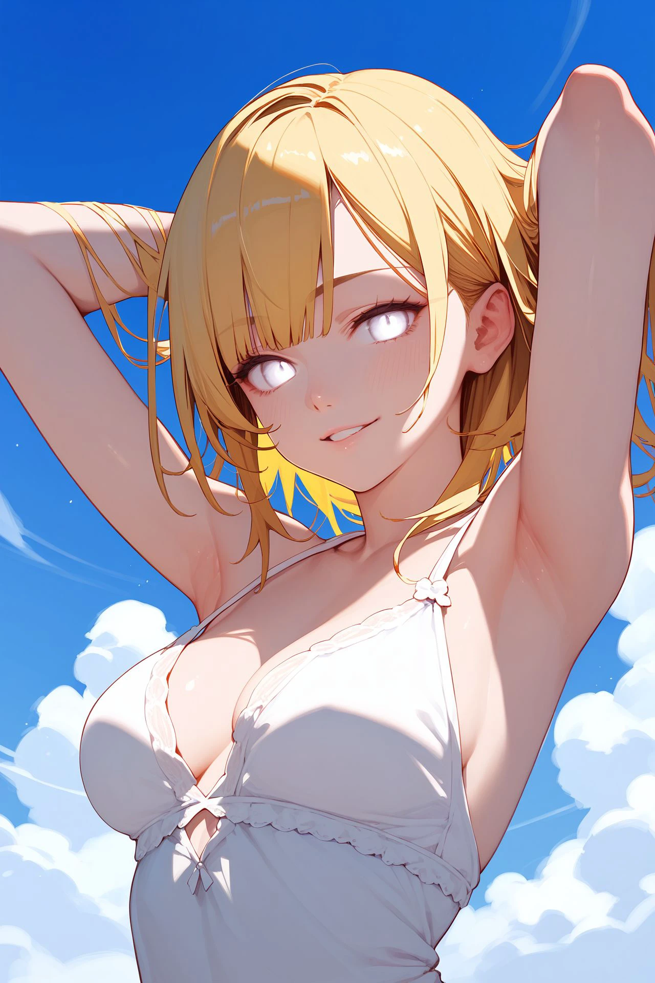 score_9, score_8_up, score_7_up, 1girl, seductive smile, looking at viewer, yellow hair, bangs, white eyes, medium breasts, hands_behind_head, no light