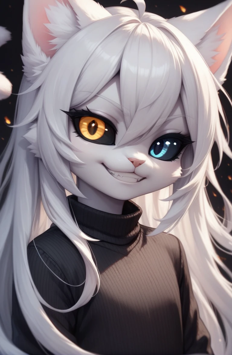 score_9, score_8_up, score_7_up, source_furry, BREAK,    <lora:Odd-eyed cat girl_051_pony:1> Odd-eyed cat girl, grin, close up, serious face, Black Sweater, colored sclera, white hair, long hair, heterochromia, black sclera, ((detailed eyes)), Black flame background