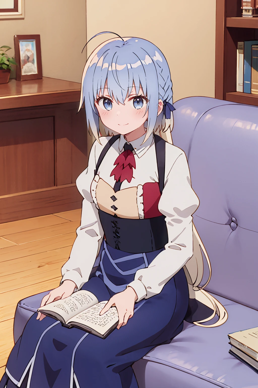 1girl, haiselita aldridge, anime screencap, book, solo, blue eyes, ahoge, sitting, blue hair, blonde hair, bookshelf, looking at viewer, couch, holding book, multicolored hair, eyebrows visible through hair, indoors, blush, very long hair, open book, juliet sleeves, closed mouth, red neckwear, two-tone hair, reading, hair between eyes, ascot, gradient hair, white shirt, smile, wooden floor, light blue hair, watermark, white hair, silver hair, shiny hair, braid, hair ribbon, collared shirt, blue skirt, ponytail, on couch, shiny, black skirt, hair ornament, grey eyes, sidelocks, chair, long skirt, high-waist skirt, blue dress, short hair, small breasts, library, shelf, feet out of frame, wing collar, on floor, corset, buttons, colored inner hair, smile, purple ribbon, purple eyes, underbust, frills, table, suspenders, grey hair, puffy long sleeves, low ponytail, armchair 
<lora:haiselita_aldridge_locon_v1:0.9>