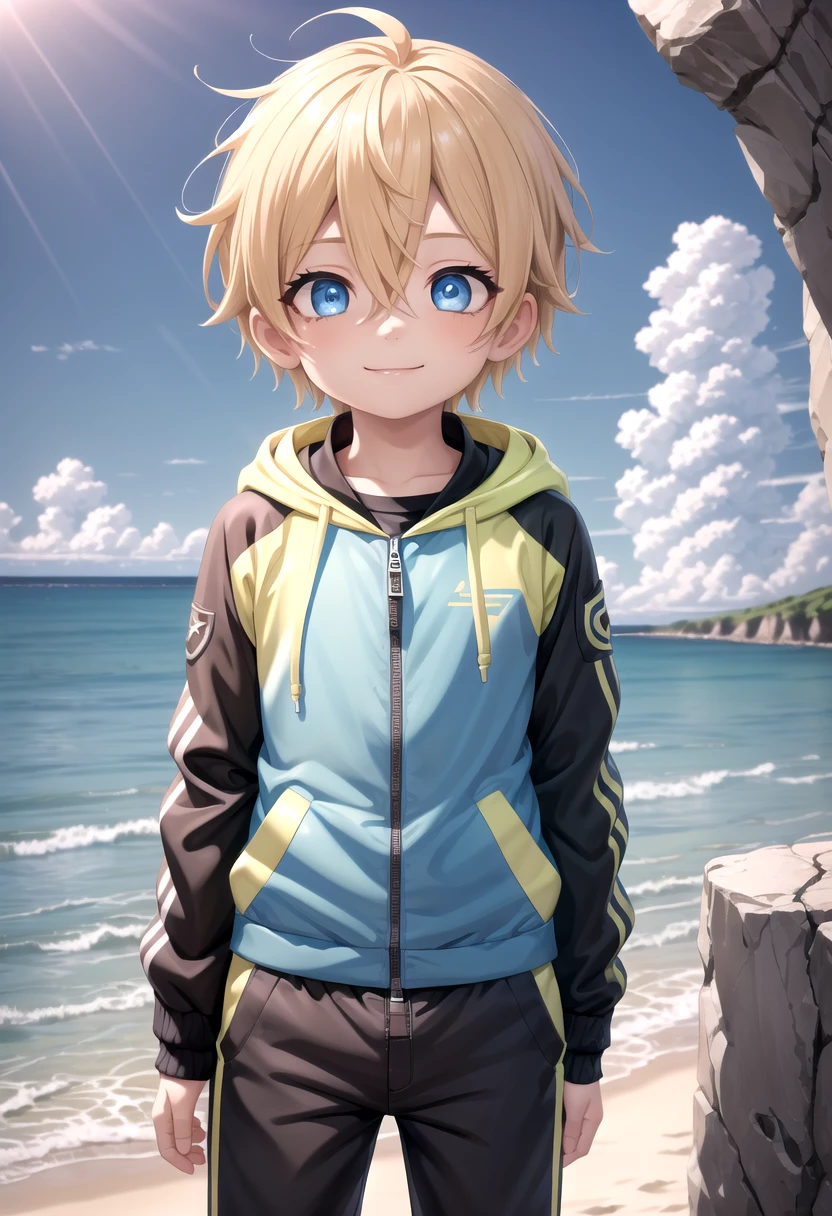 <lora:sota sd15_epoch_17:0.6>,sota, solo,looking at viewer,short hair,bangs,blue eyes,blonde hair,long sleeves,(1boy:1.3),hair between eyes,standing,wide rashguard jacket,(male focus:1.3),cowboy shot,outdoors,sky,day,pants,cloud,hood,water,blue sky,ocean,beach,black pants,hood down,child,multicolored clothes,zipper,horizon,(male child:1.2),wall,multicolored jacket,two-tone jacket , (masterpiece:1.2), best quality, high resolution, unity 8k wallpaper, (illustration:0.8), (beautiful detailed eyes:1.6), extremely detailed face, perfect lighting, extremely detailed CG, smile,
The soft lighting and detailed surroundings create an immersive environment where imagination runs wild hyper-detailed,hyper-detailed face, high quality visuals, dim Lighting, sharply focused, octane render, 8k UHD,
 GS-Boyish