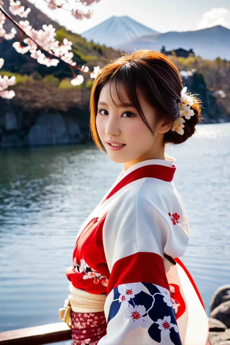 cinematic photo of (masterpiece,best quality,ultra high res:1.1),(photo-realistic:1.1),nature_light,side_light,
1girl,18yo,(head and shoulders portrait:1.3),155cm height,
<lora:cmxg_XL:1>,caimeixunguo,
gorgeous kimono,
the background is mount fuji and the lake,cherry blossoms,, 35mm photograph, film, bokeh, professional, 4k, highly detailed