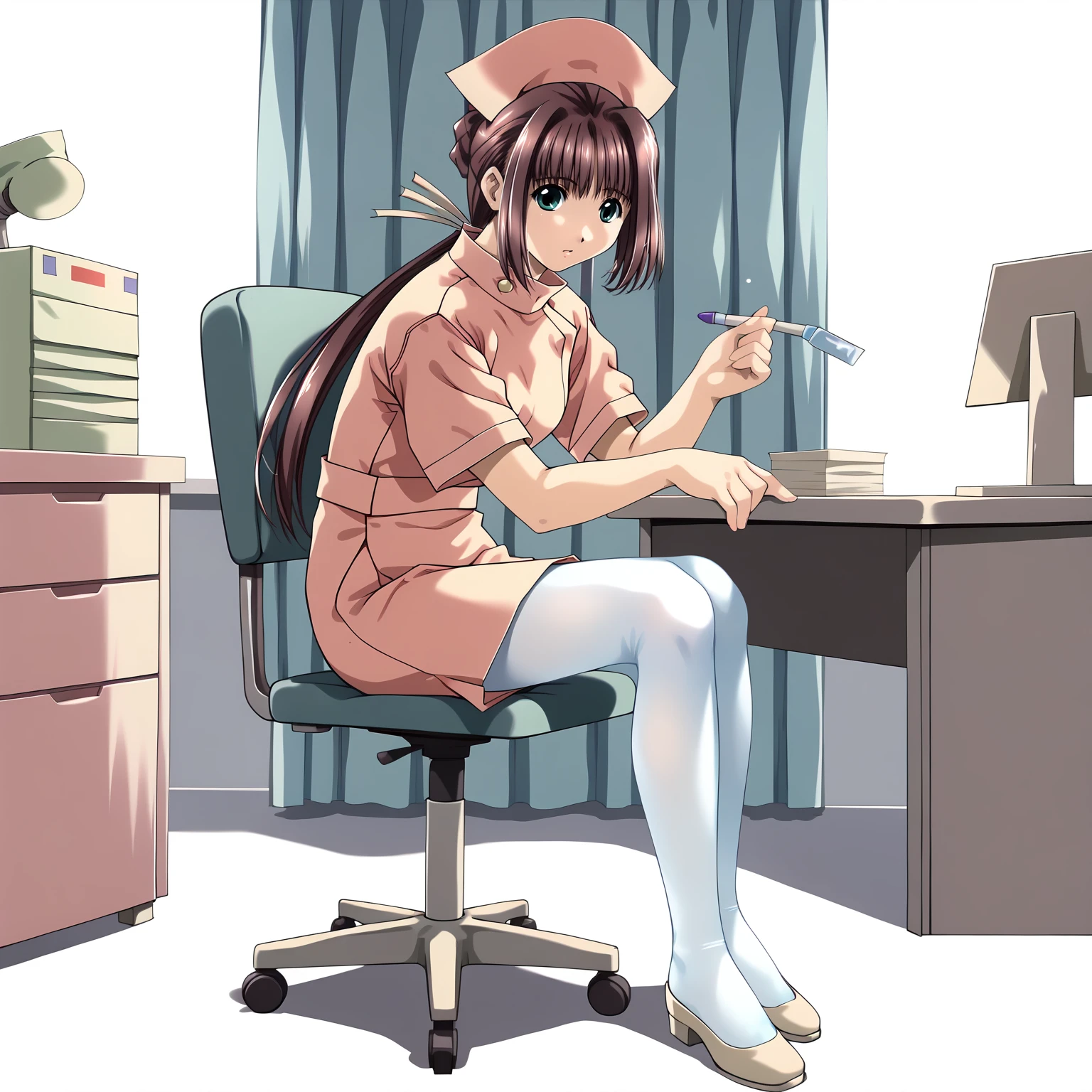 <lora:RenNanaseXLpony009>,
solo,
RenNanase,1girl,brown_hair,single_hair_bun,low_ponytail,long hair,aqua_eyes,
nurse_cap,nurse,
white pantyhose,
full body,sitting,chair,