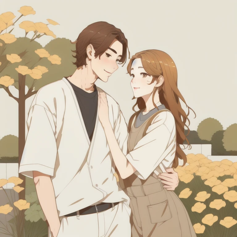 swwinf style, warm colors,neutral color palette,warm color palette,clean lines, manga style,minimalistic style, clear complexion,a young man and a young woman,embracing, in the garden