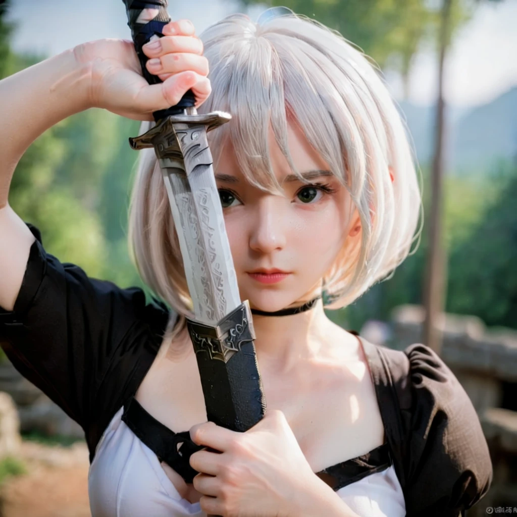 a 2b holding a sword in her hand , <lora:weaponface:0.85>  ,close up  ,  <lora:2b_nier_automata:0.8>