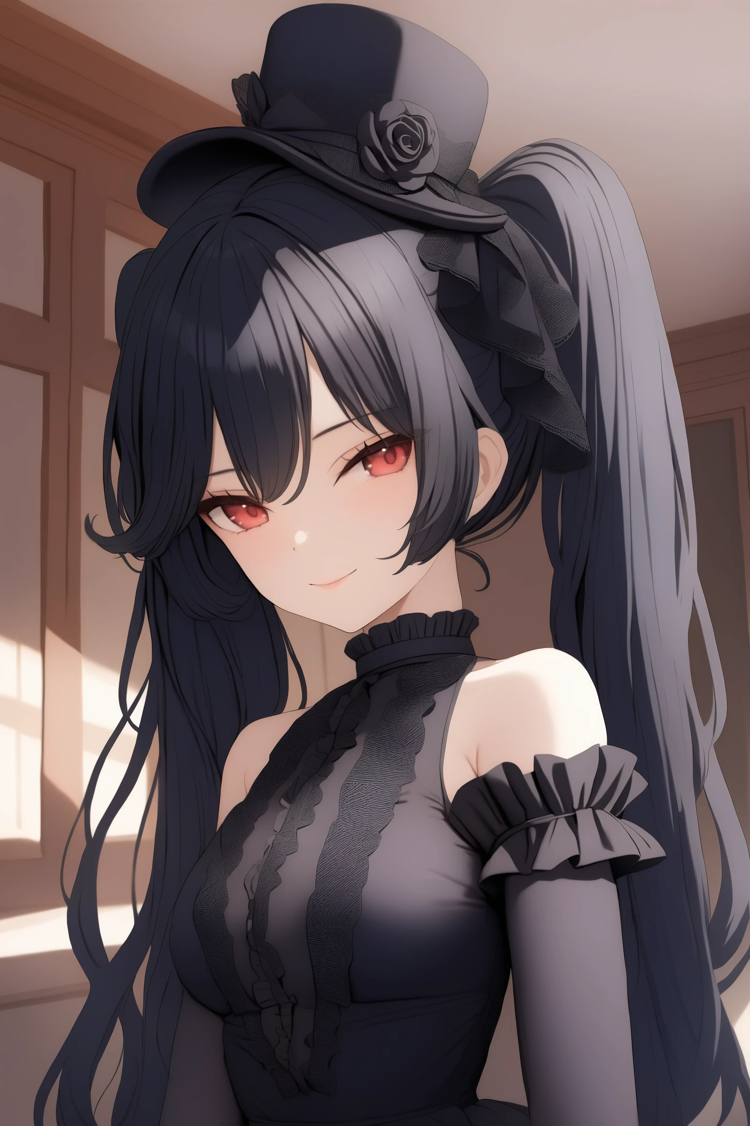 (masterpiece, best quality, very aesthetic, ultra detailed), intricate details, kunishiromiyabi, solo, indoors, mini top hat, black rose, black headwear, black hair, twintails, very long hair, red eyes, medium breasts, black dress, frilled dress, sleeveless dress, bare shoulders, detached sleeves, long sleeves, black sleeves, smile, closed mouth, :), pink lips, <lora:Kunishiro-Miyabi:0.7>