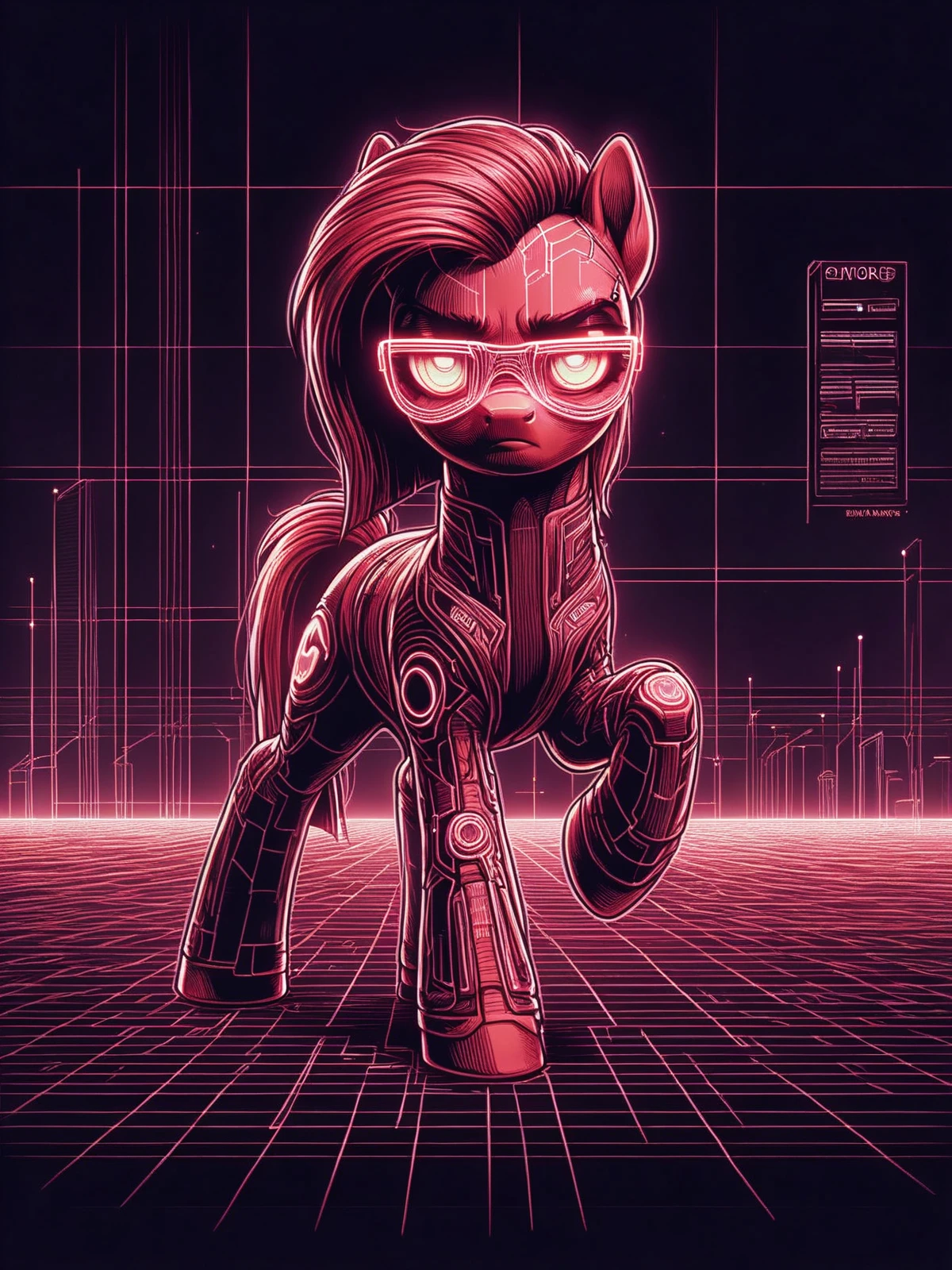 score_9, score_8_up, score_7_up, cinematic photo, dramatic lighting, pony, cyberpunk, grid, neon outline, 1980s,dynamic pose <lora:Neon_Cyberpunk_Cyberspace_Pony:1>