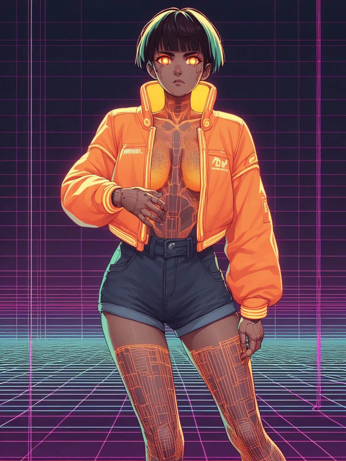 score_9, score_8_up, score_7_up, source_anime, woman, dynamic pose, orange glowing outlines, grid, cyberpunk, vaporwave, <lora:Neon_Cyberpunk_Cyberspace_Pony:0.5>