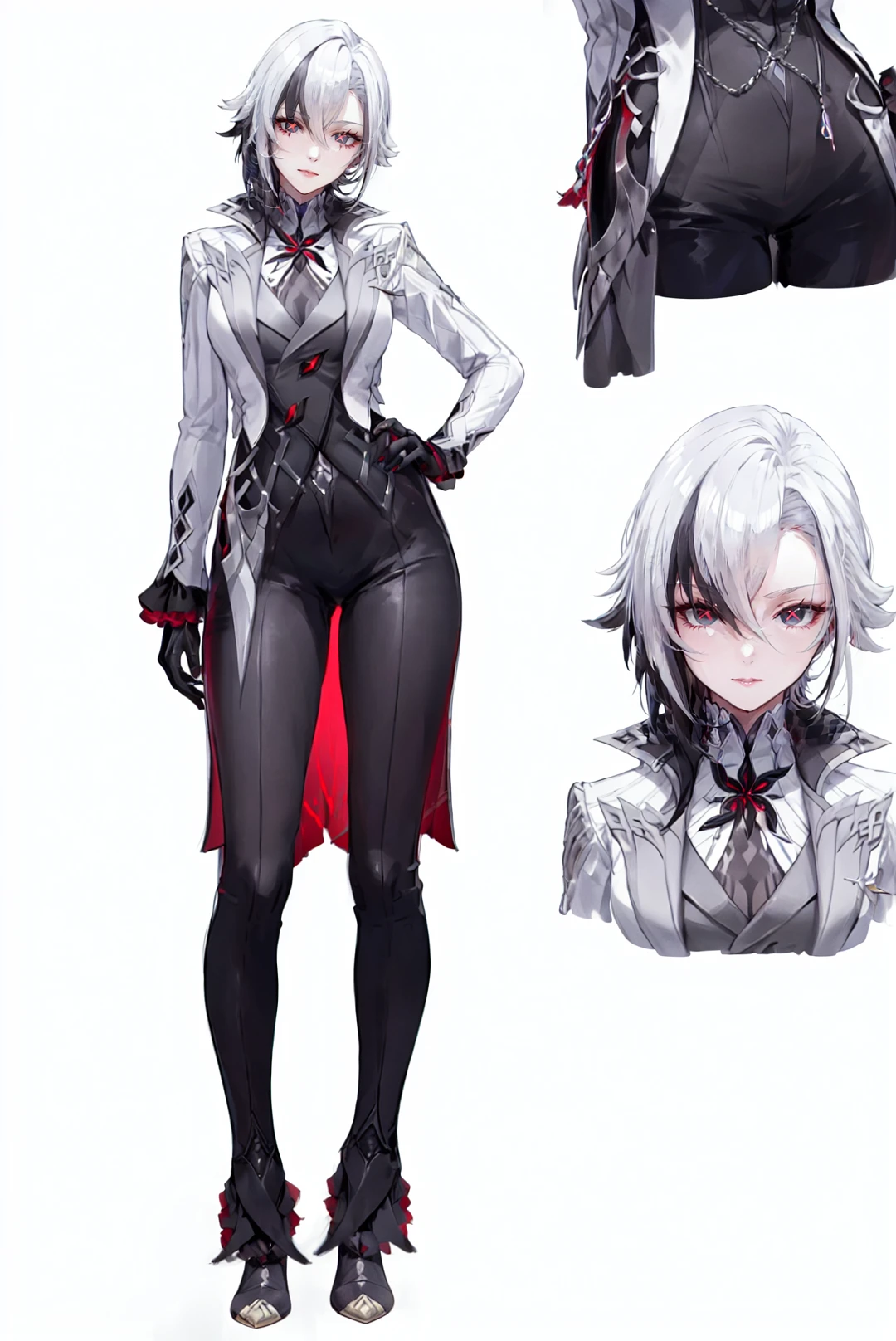 score_9,score_8_up,score_7_up,score_6_up,
8k,best quality,masterpiece,(ultra-detailed:1.1),(high detailed skin),
(full body:1.4),white background,standing,looking at viewer,(solo:1.4),hand on hip,
<lora:Arlecchino-v100:0.8>,Arlecchino,def clothes,1girl,x-shaped pupils,red pupils,black gloves,pants,symbol-shaped pupils,
(white background, simple background:1.3),
(beautiful_face),((intricate_detail)),clear face,
((finely_detailed)),fine_fabric_emphasis,
((glossy)),full_shot,
