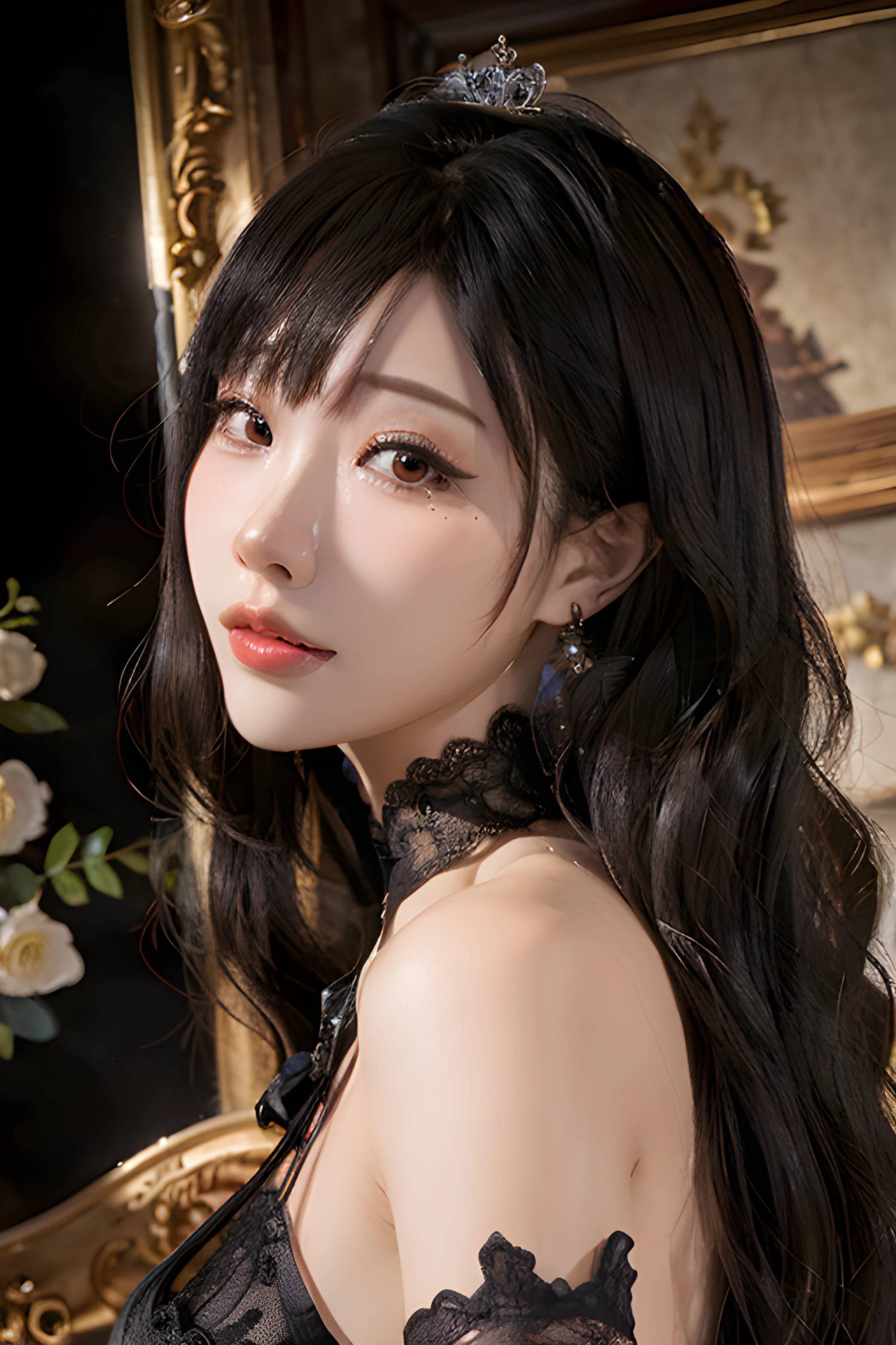 (best quality, 16K, The ultimate masterpiece), (realistic:1.45), Without a pattern, very high resolution, RAW photos, (realistic raw photography), Beautiful woman, surreal, 1 girl, Yor Forger_(Spy Family\), Ayolf, side lock, long hair, gold hair band, Gold earringss, side lock, Gold headdress, Gold earrings, bare shoulders, black dress, Double sided dress with red rose cape, choker, black high heels, fingerless gloves, long black hair , shiny, Highly detailed beautiful face, eye,nose, Pretty mouth, shiny,red lip detail, 좋은 eye, double eyelid, Sexy low-necked dress, open neckline, hip twist pose, eye에 보이는 곡선, curved legs, cowboy shot, stand, looking at the audience, outdoor, night, Slim, pretty body with perfect proportions, perfect pretty hands(real woman hands), finger,pretty big tits, pretty big ass, long legs with perfect proportions, bare legs, bijouterie, off the shoulder, cute smile, beautiful and bright lighting, realistic 피부결, White skin, fair skin texture.