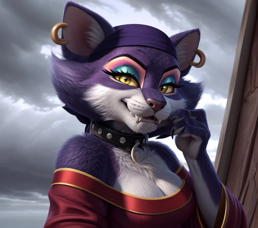 realistic, detailed background, cloudy sky, msfortune, collar, fangs, bandanna, ring piercing, smile, hand on cheek, lidded eyes, seductive, finger bite, eyeshadow, dress,  by acstlu <lora:MsFortune-021-Polyfur-nd64-e040:1>