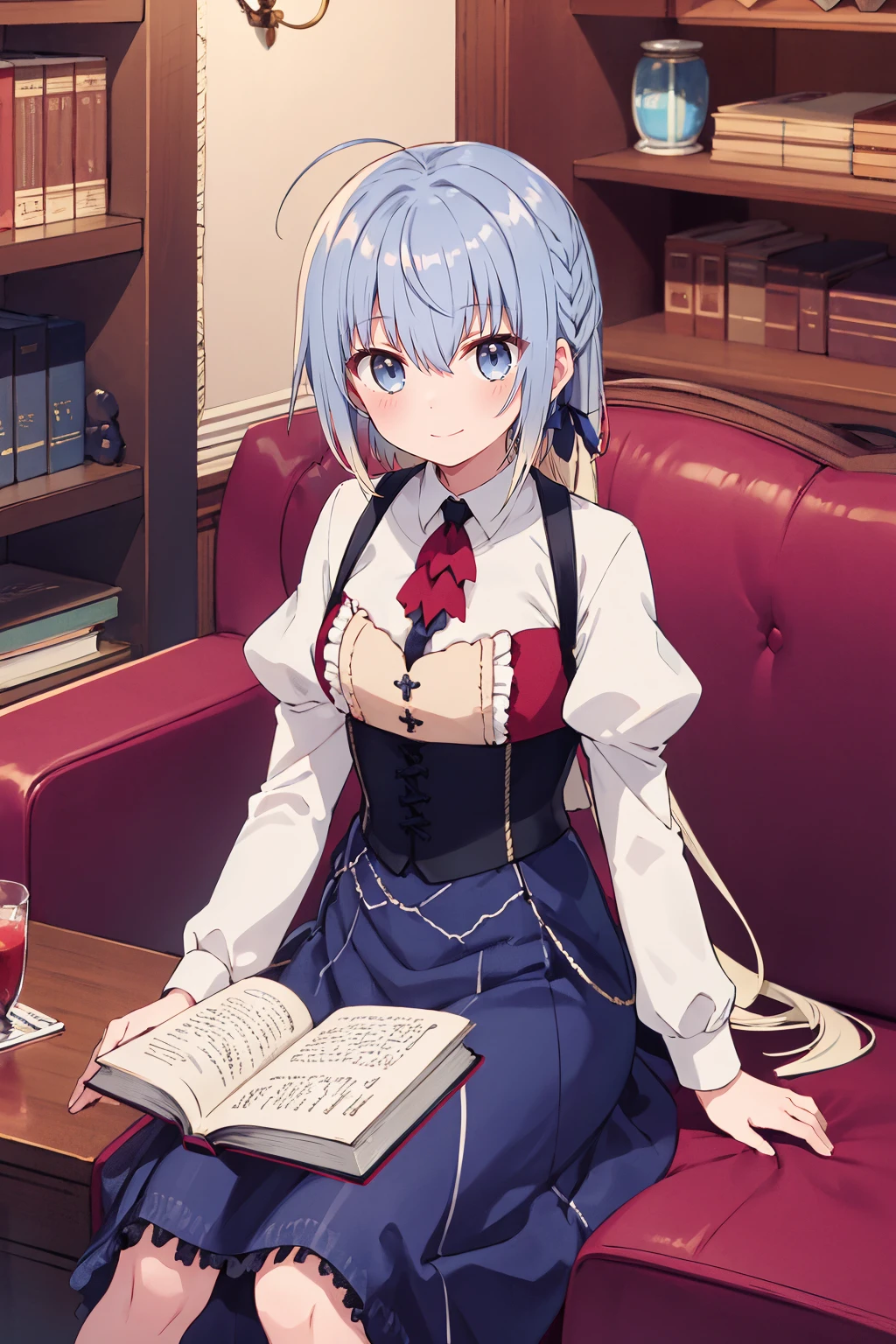 1girl, haiselita aldridge, official art, book, solo, blue eyes, ahoge, sitting, blue hair, blonde hair, bookshelf, looking at viewer, couch, holding book, multicolored hair, eyebrows visible through hair, indoors, blush, very long hair, open book, juliet sleeves, closed mouth, red neckwear, two-tone hair, reading, hair between eyes, ascot, gradient hair, white shirt, smile, wooden floor, light blue hair, watermark, white hair, silver hair, shiny hair, braid, hair ribbon, collared shirt, blue skirt, ponytail, on couch, shiny, black skirt, hair ornament, grey eyes, sidelocks, chair, long skirt, high-waist skirt, blue dress, short hair, small breasts, library, shelf, feet out of frame, wing collar, on floor, corset, buttons, colored inner hair, smile, purple ribbon, purple eyes, underbust, frills, table, suspenders, grey hair, puffy long sleeves, low ponytail, armchair
<lora:haiselita_aldridge_locon_v1:0.9>