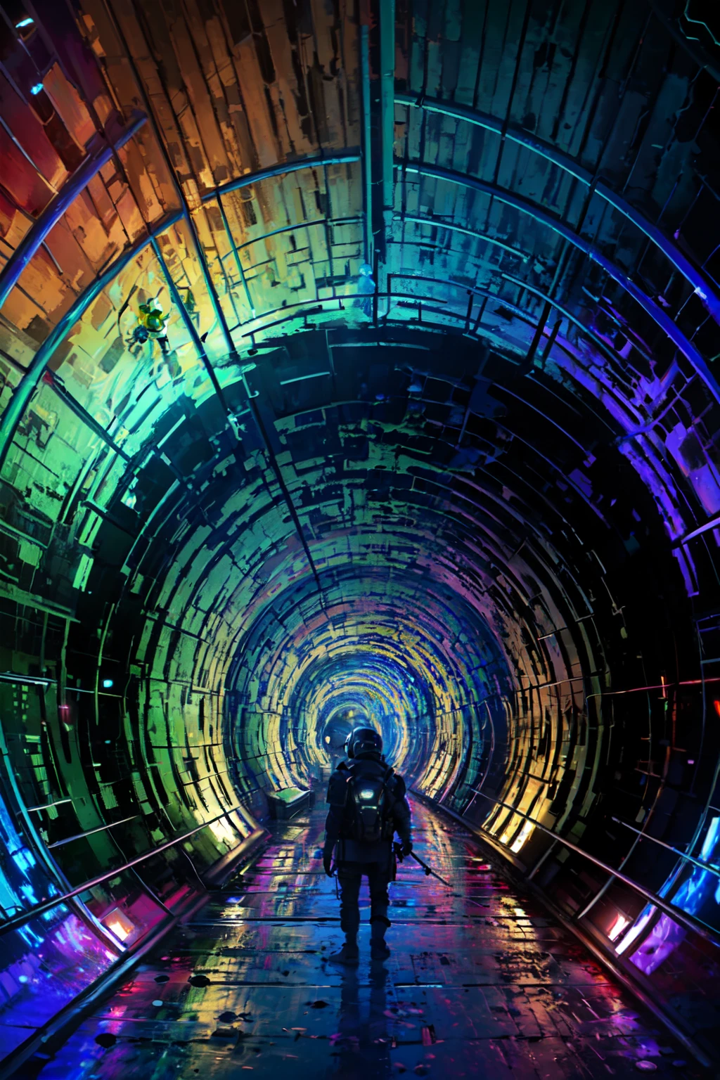 ((masterpiece,best quality)), absurdres,    <lora:Light_Tunnel:1>,  Light Tunnel, solo, stairs, silhouette, colorful, abstract <lora:Scifi_Environment_Concept_Art:0.5>,   1girl, gloves, standing, from behind, helmet,