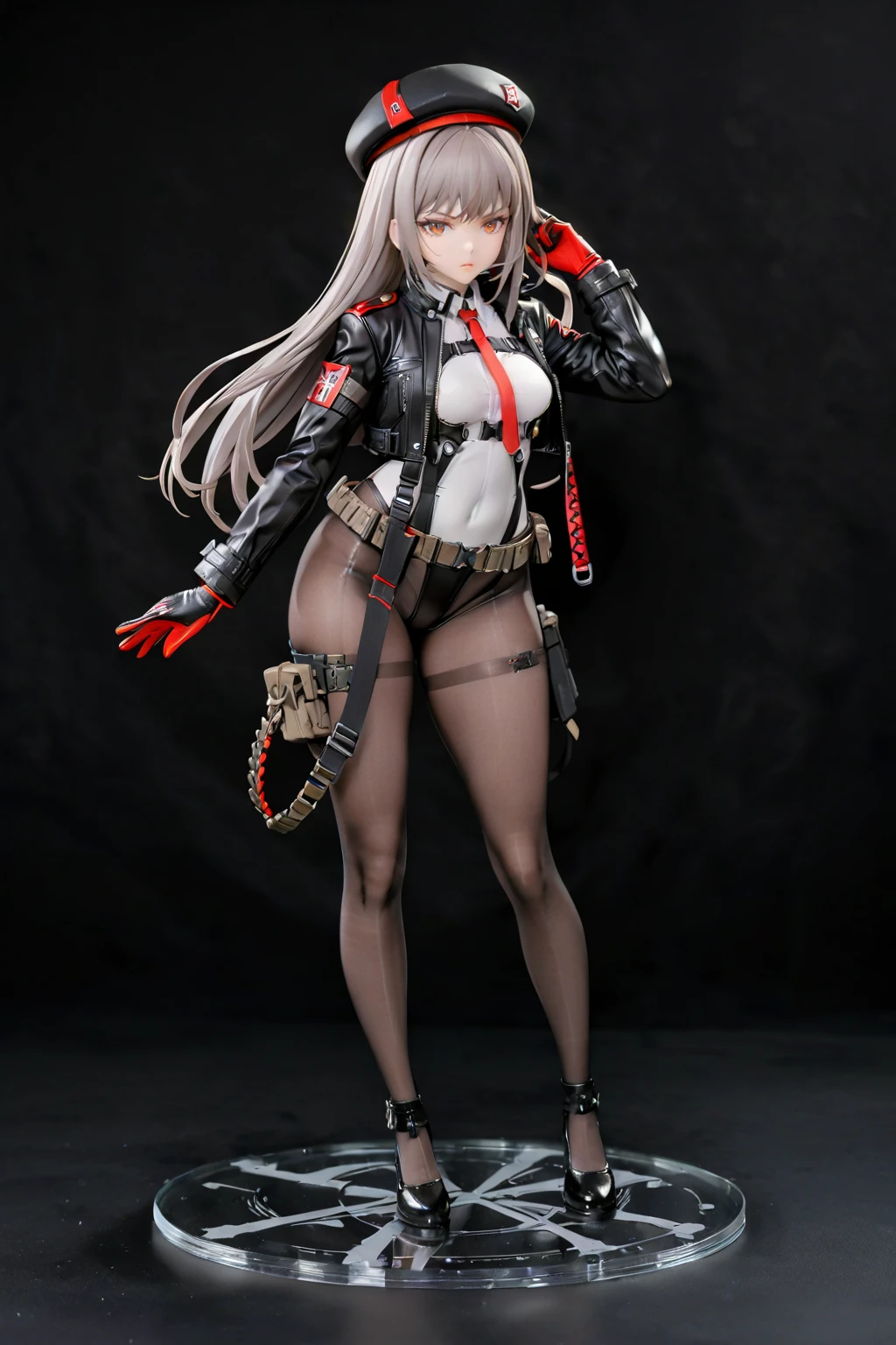 black jacket,weapon,highleg swimsuit,rapi,1girl,white shirt,gloves,beret,cropped jacket,holding weapon,black background,<lora:rapi:1>,full body,cowboy shot,black footwear,pantyhose,