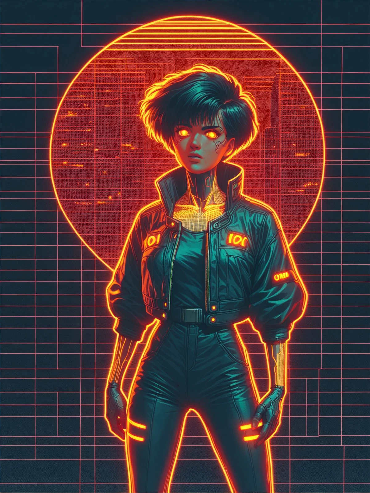 score_9, score_8_up, score_7_up, source_anime, woman, orange glowing outlines, grid, cyberpunk, 1980s, retro, scifi, city <lora:Neon_Cyberpunk_Cyberspace_Pony:0.5>
