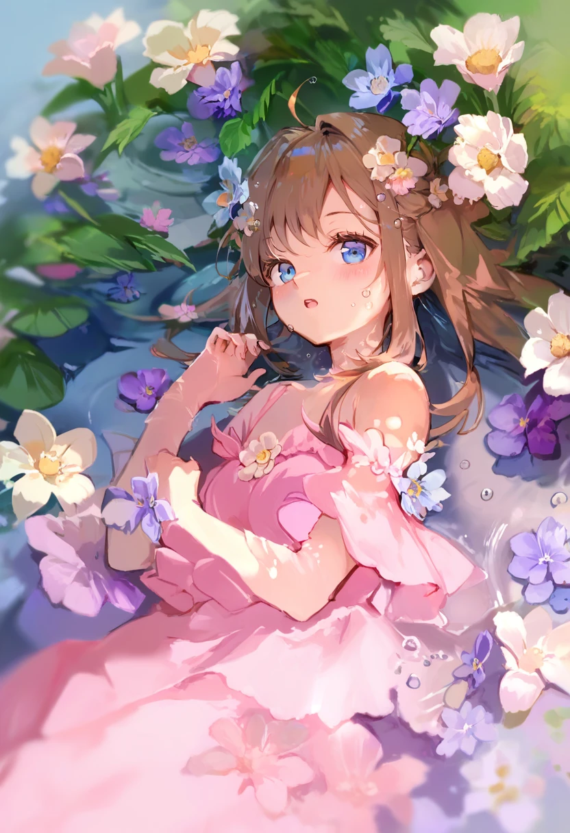 score_9, score_8_up, score_7_up, score_6_up, <lora:anmiXL_P6_lokr_V3236:0.95> 1girl, solo, flower, dress, blue eyes, looking at viewer, brown hair, hair flower, pink flower, hair ornament, pink dress, long hair, lying, water, on side, open mouth, blush, bare shoulders, blue flower, bangs, ahoge, white flower, purple flower, cowboy shot