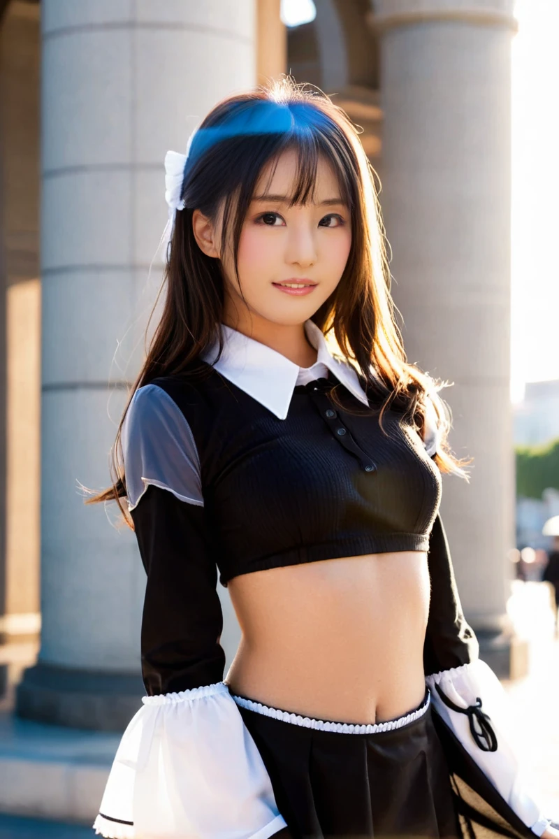 cinematic photo of (masterpiece,best quality,ultra high res:1.1),(photo-realistic:1.1),nature_light,sidelight,
1girl,18yo,155cm height,black housemaid uniform,japan av model,very long hair,sweat,blush,
<lora:cmxg_XL:1>,caimeixunguo,
front,
the background arc de triomphe,, 35mm photograph, film, bokeh, professional, 4k, highly detailed
