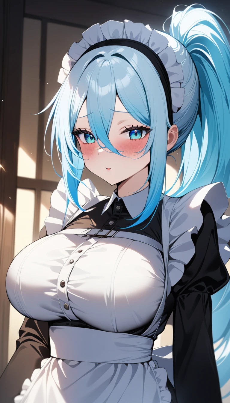 masterpiece, best quality, very aesthetic, absurdres, 1girl, solo, sylpha, long hair, maid headdress, white crystal hair color, white hair, large breasts, hair between eyes, ponytail, <lora:Sylpha Langlis V1:0.8>