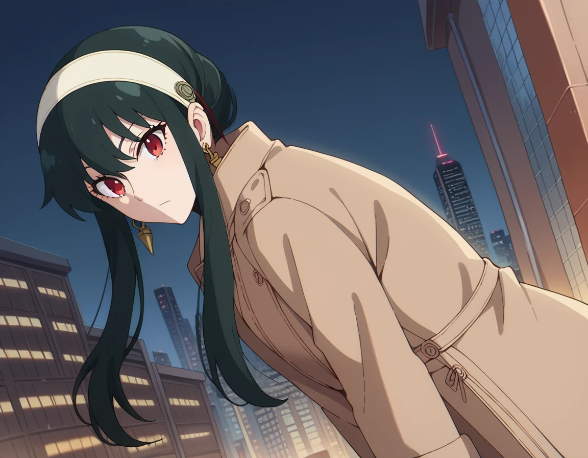 score_9, score_8_up, score_7_up, source_anime,
yorbriar, <lora:yor-briar-s1-ponyxl-lora-nochekaiser:1>,
yor briar, black hair, red eyes, earrings, white hairband, hairband, long hair, sidelocks,
coat, trench coat,
outdoors, cityscape, bent over,
looking at viewer, dutch angle, cowboy shot,
