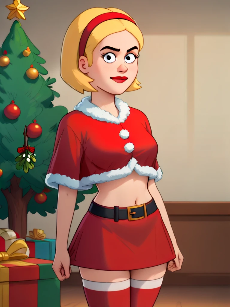 score_9, score_8_up, score_7_up, score_6_up, score_5_up, score_4_up, parody, 1girl, G1N4PD, blonde hair, christmas top, santa skirt, hairband, thigh highs, christmas season, under mistletoe, looking at viewer