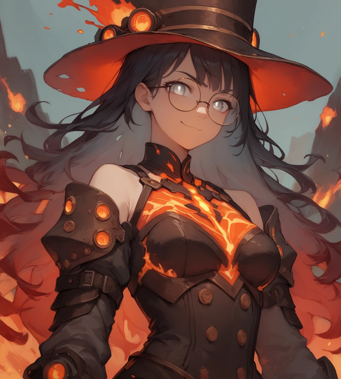 score_9,score_8_up,score_7_up,score_6_up,source anime,1girl,solo,standing,off shoulder,armor,long sleeves,steampunk,hat,medium breasts,gradient hair,black hair,red tips,long hair,grey eyes,white pupils,smirk,portrait,bangs,closed mouth,round glasses,medium breasts,
magma, lava, glowing, molten rock,
<lora:magma_12_lbw_2:1.4>