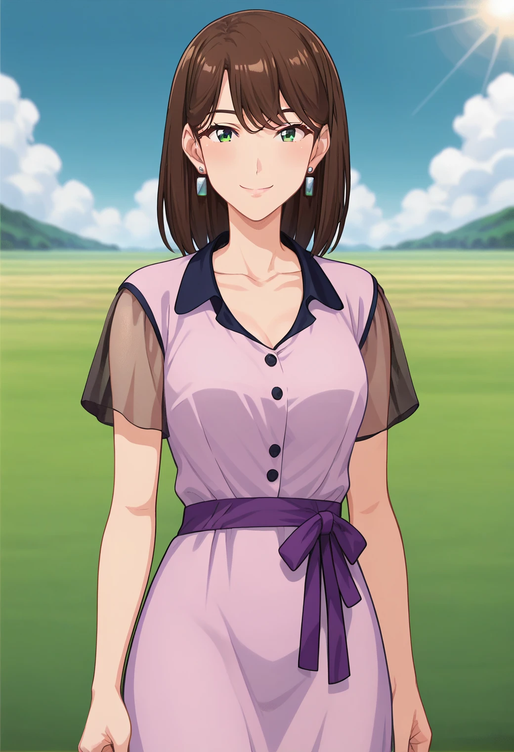 Mai Sakurajima, background green field, cloudy and rainy, smiling, wearing normal clothes