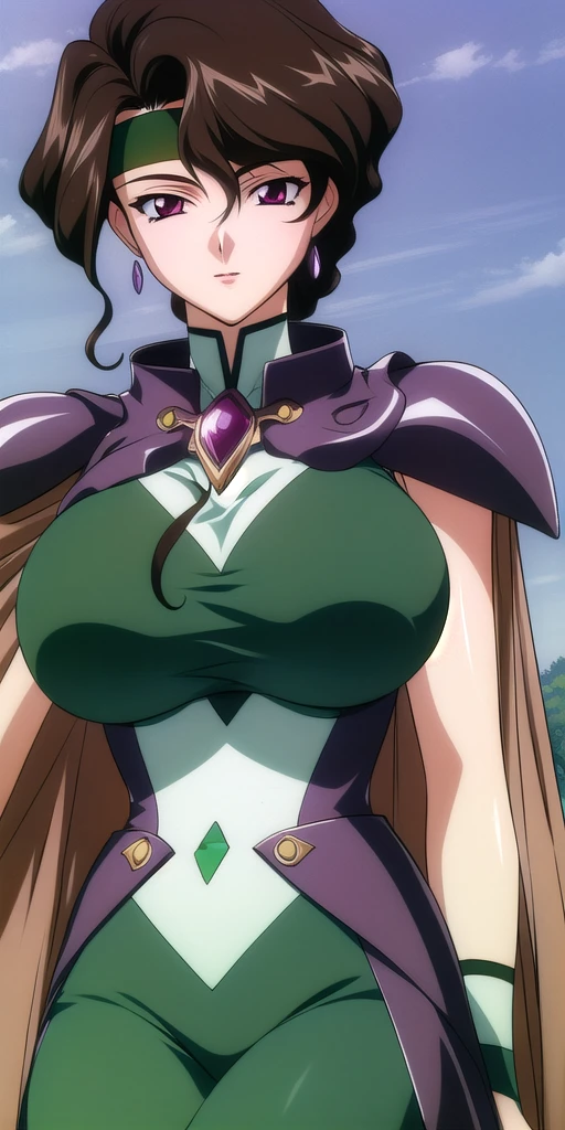 <lora:Afura_MannV8:0.7> afura_mann, huge_breasts, standing, solo, green_sleeveless_bodysuit_brown_capelet_pauldrons_green_headband_wristband_arm_strap_gem_belt, masterpiece, best_quality, detailed_face, detailed_eyes, highres, beautiful, detailed, absurdres,