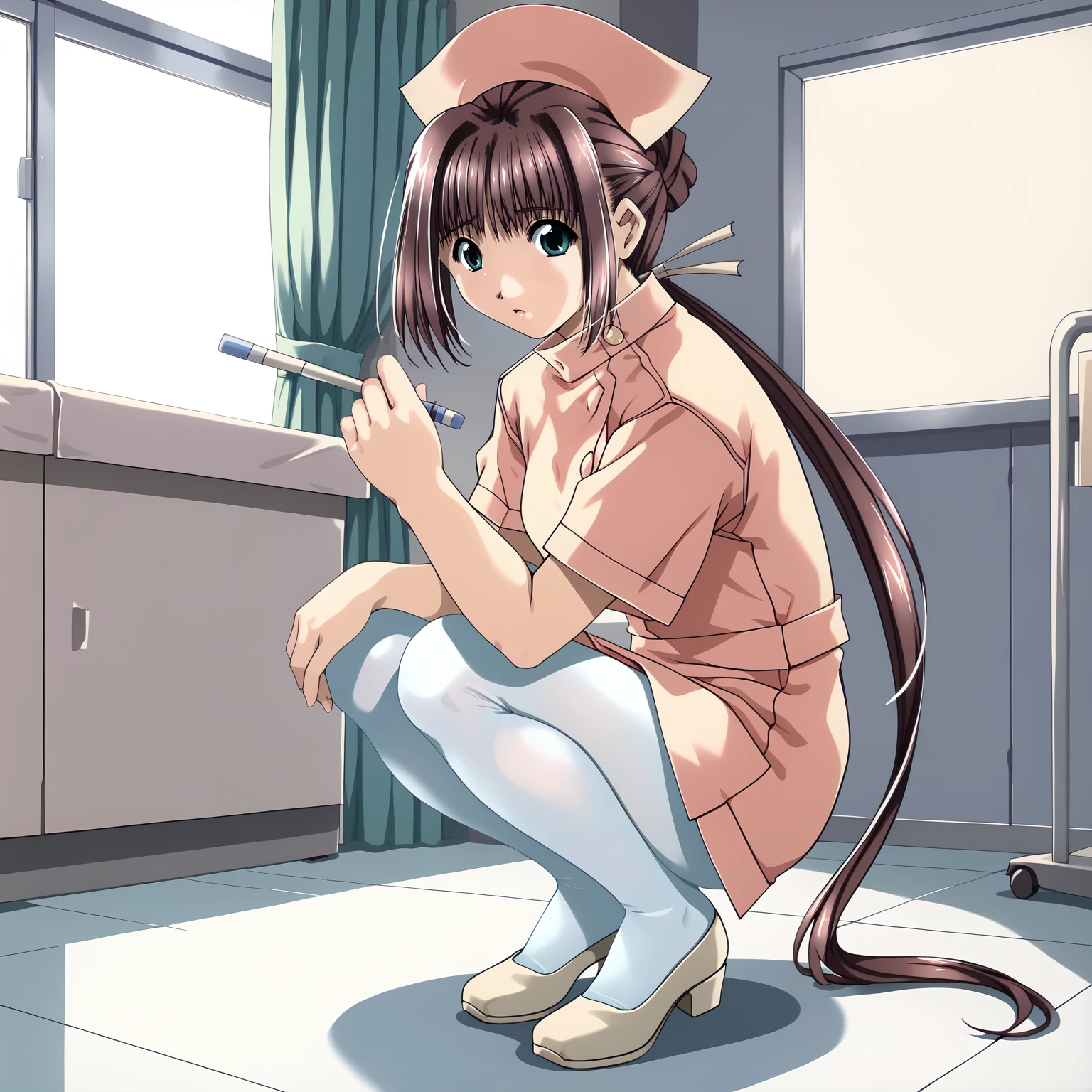 <lora:RenNanaseXLpony009>,
solo,
RenNanase,1girl,brown_hair,single_hair_bun,low_ponytail,long hair,aqua_eyes,
nurse_cap,nurse,
white pantyhose,
full body,squatting,